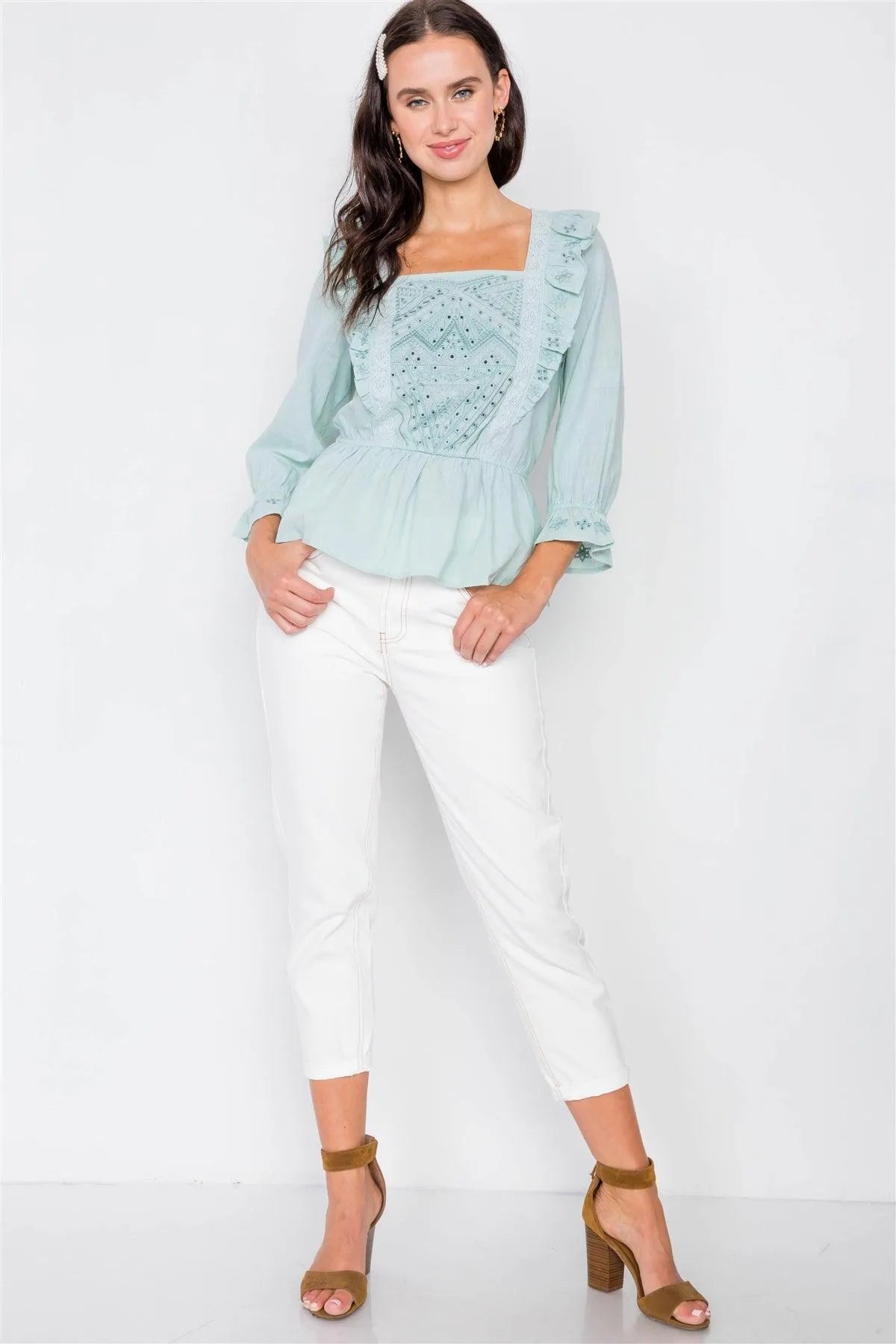 Pastel Mint Aztec Eyelet Flounce Top / 3-2-2 - Tasha Apparel Wholesale