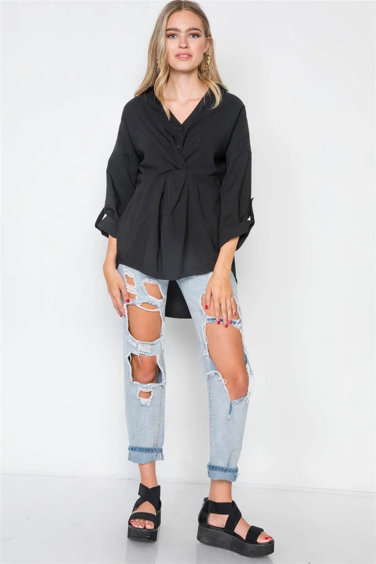 Black Solid Front Twist V-Neck Boho Top - Tasha Apparel Wholesale