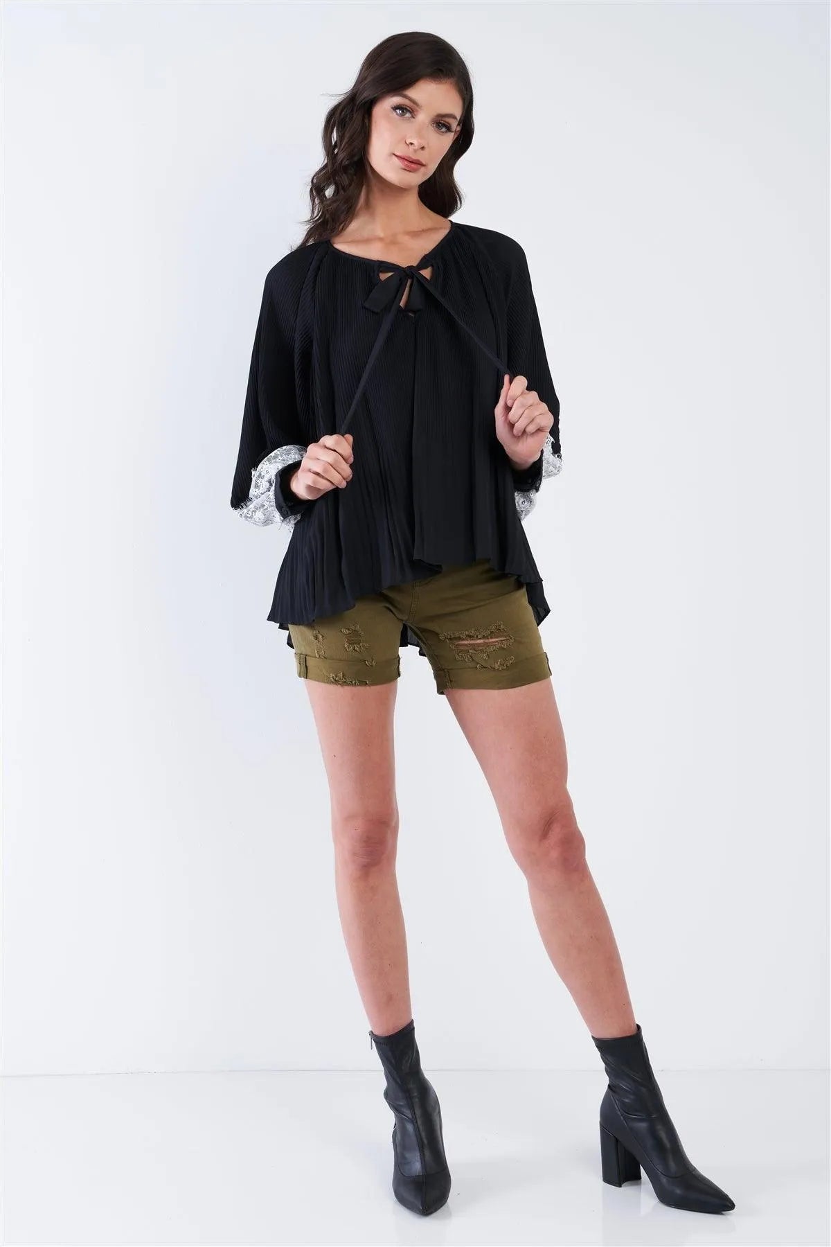 Black Accordion Pleated Lace Trim Top /2-2-2 - Tasha Apparel Wholesale