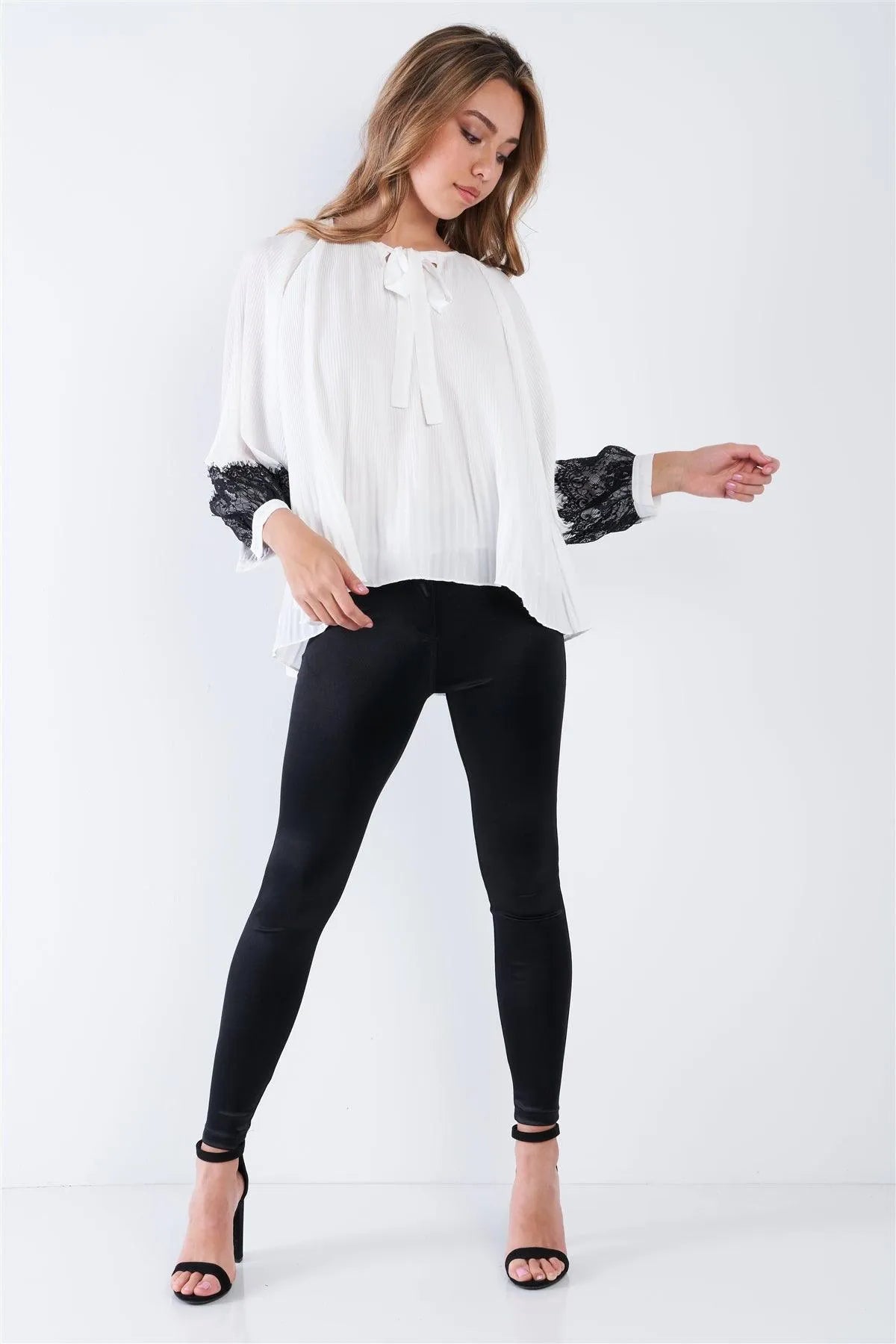 White Accordion Pleated Lace Trim Top /2-2-2 - Tasha Apparel Wholesale