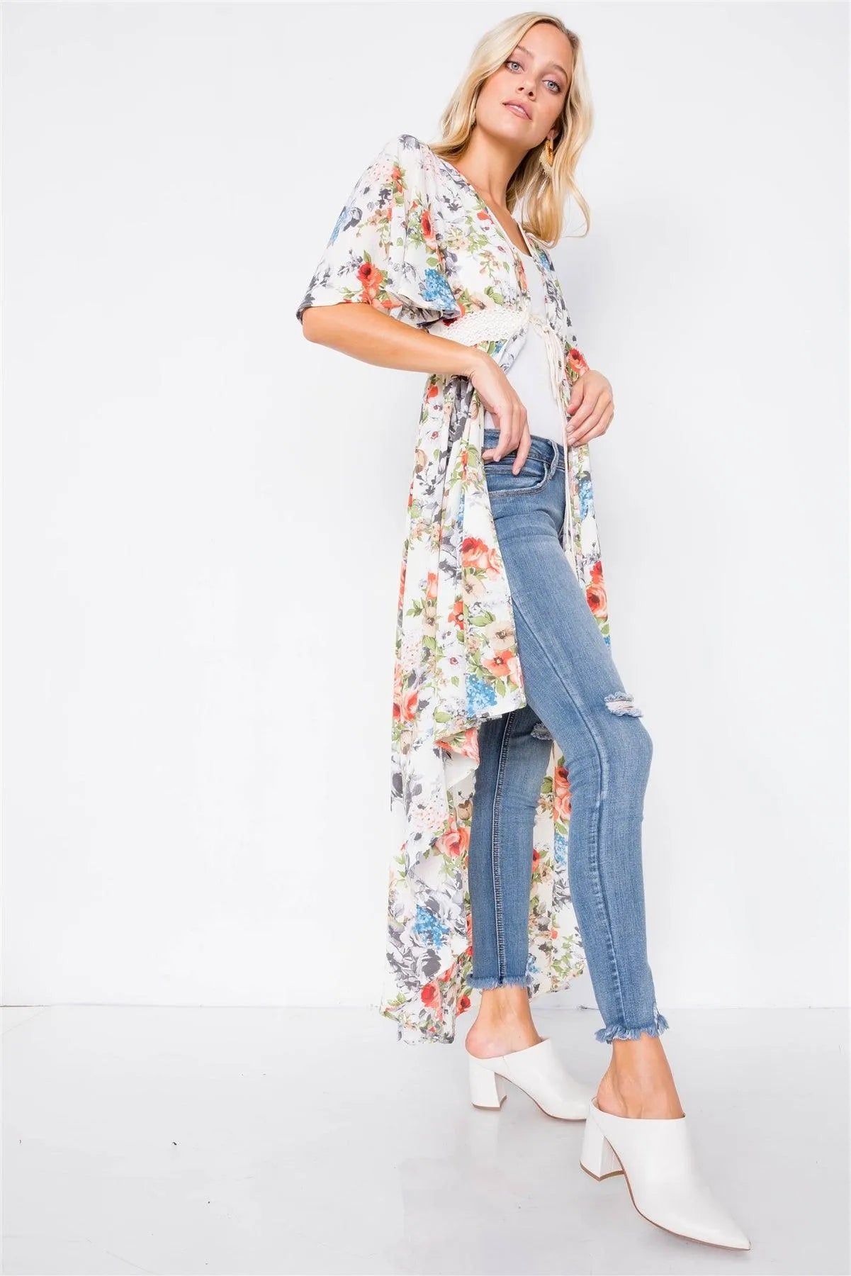 Ivory Rose & Blue Floral Print High-Low Kimono Cover-Up /2-2-2 - Tasha Apparel Wholesale