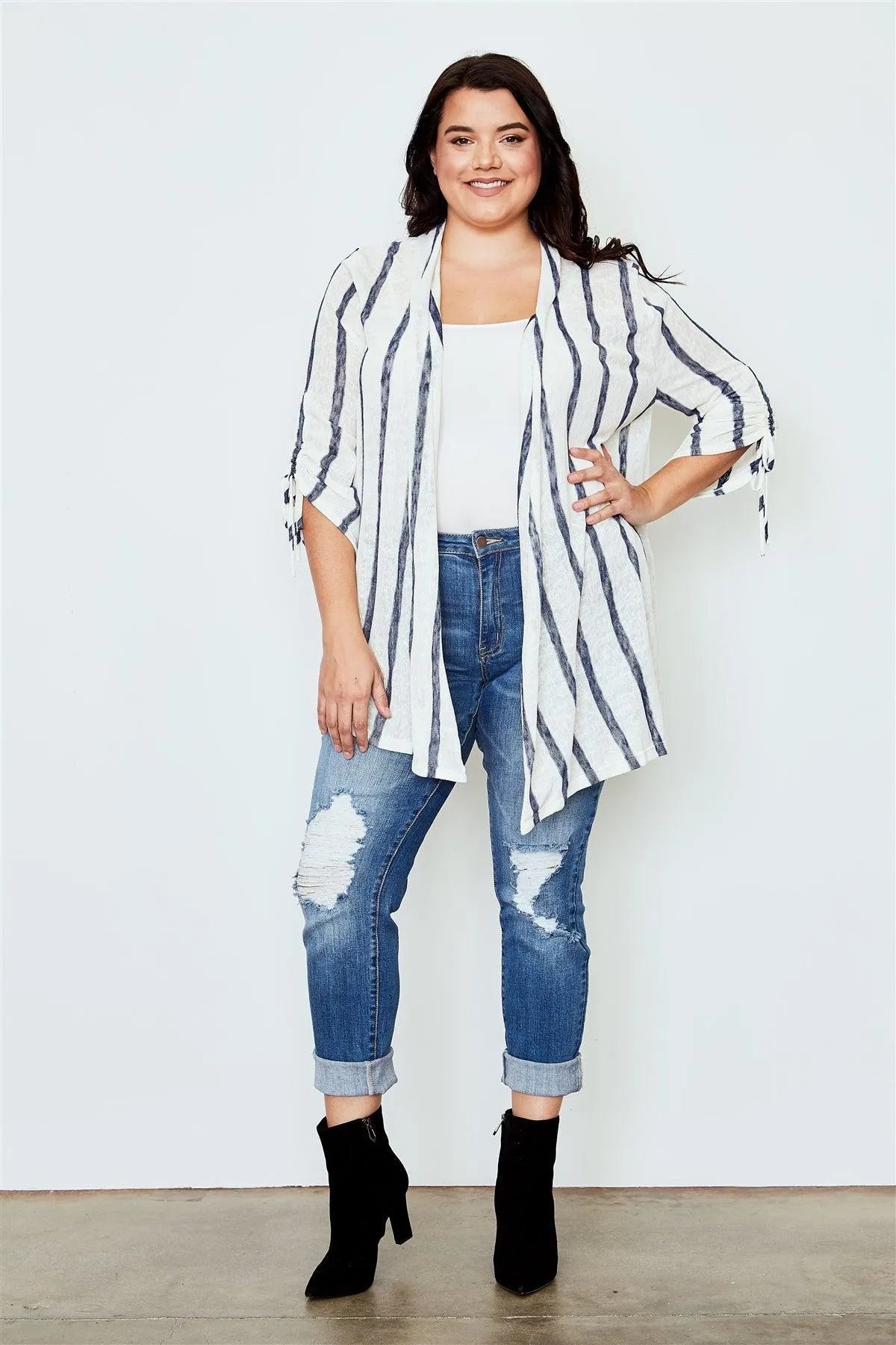 Plus Size Ivory And Navy Stripe Print Open Front Cardigan / 2-2-2 - Tasha Apparel Wholesale