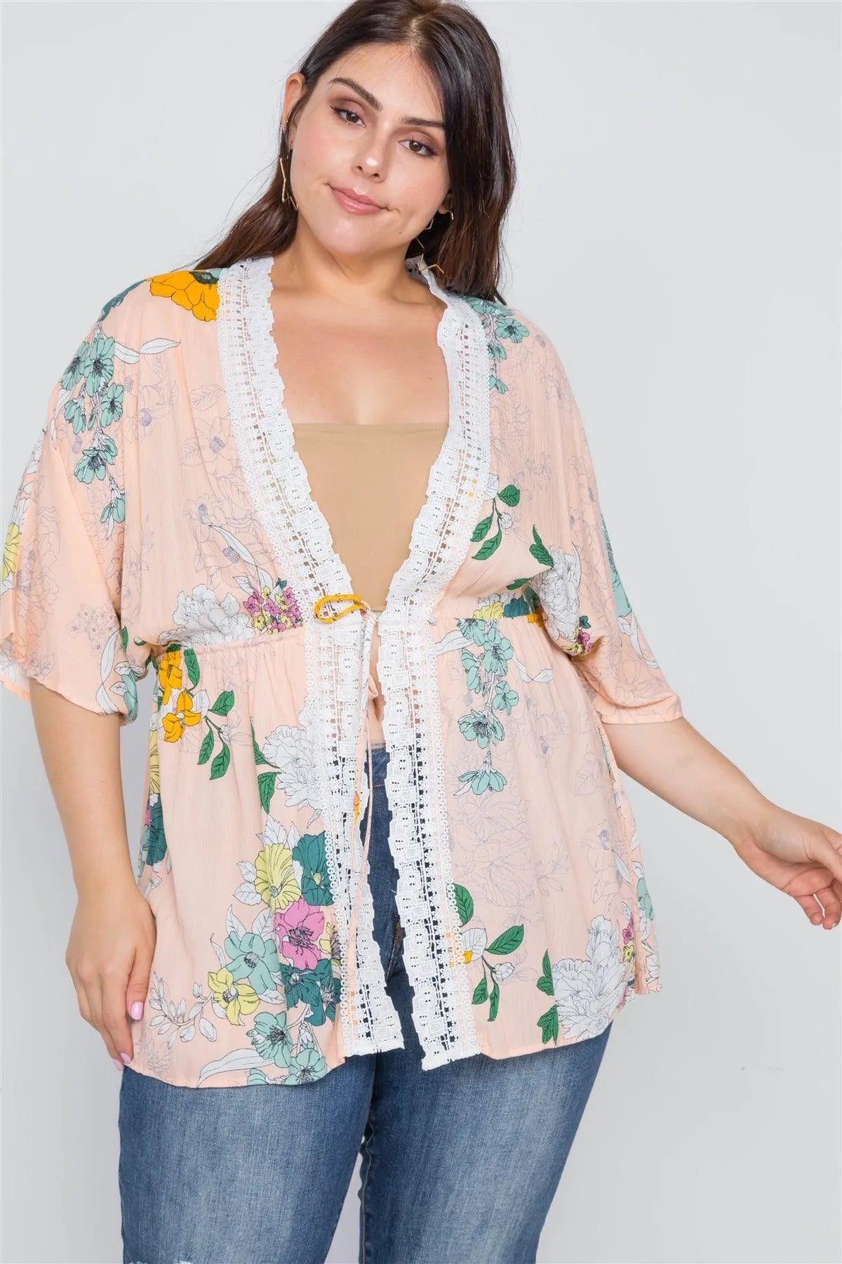 Plus Size Nude Floral Short Sleeve Kimono Cover-Up /1-2-2 - Tasha Apparel Wholesale