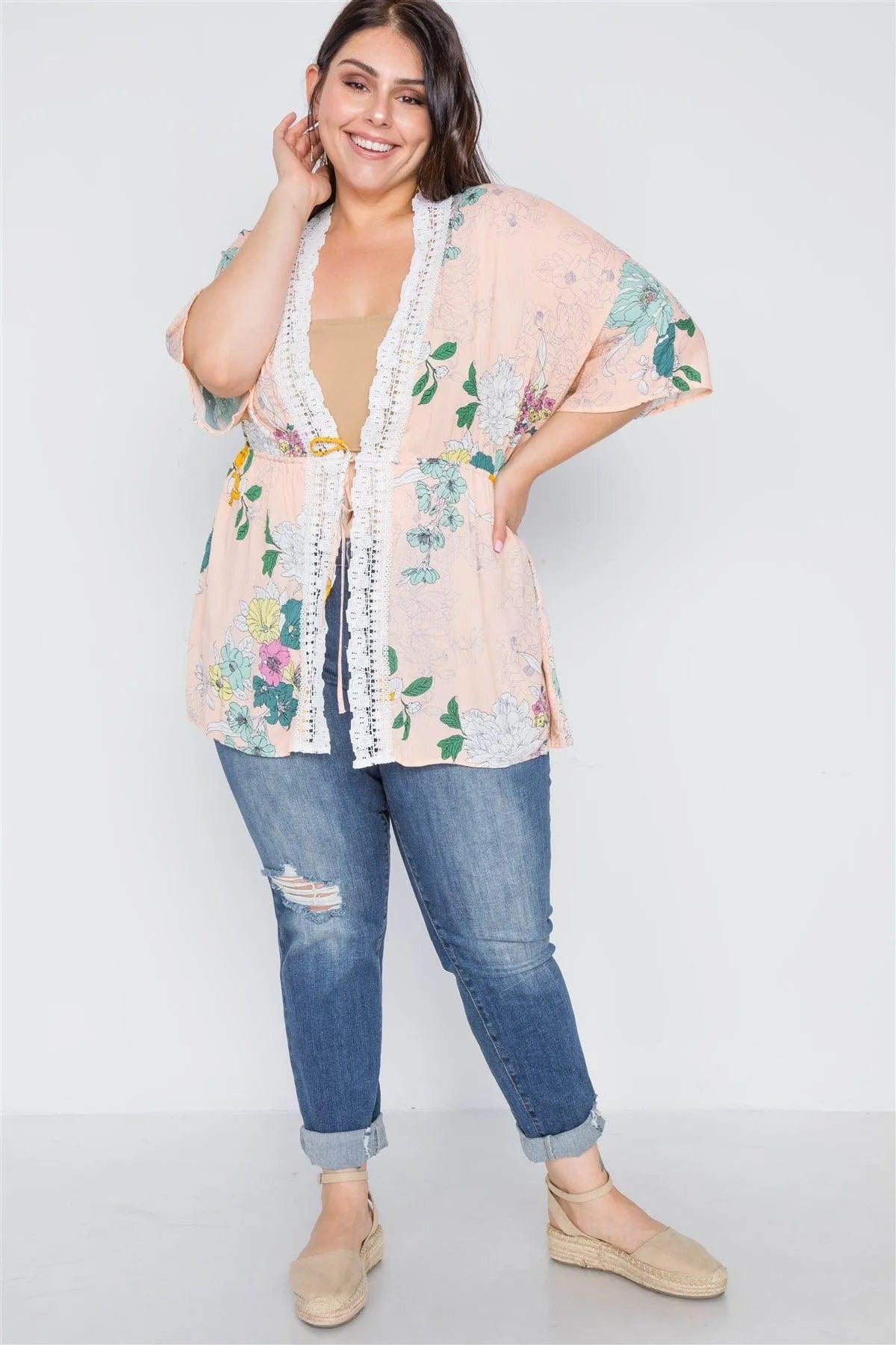 Plus Size Nude Floral Short Sleeve Kimono Cover-Up /2-2-2 - Tasha Apparel Wholesale