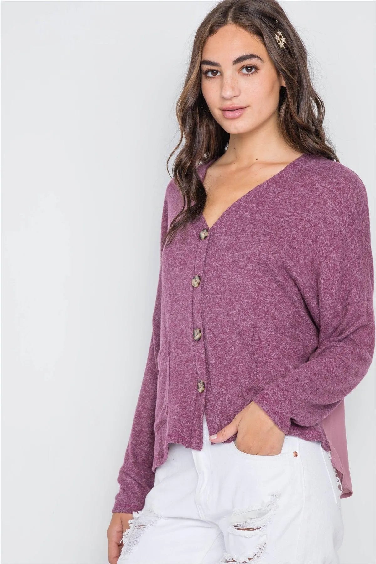 Berry Long Sleeve Knit Button-Front Combo Cardigan /2-2-1 - Tasha Apparel Wholesale