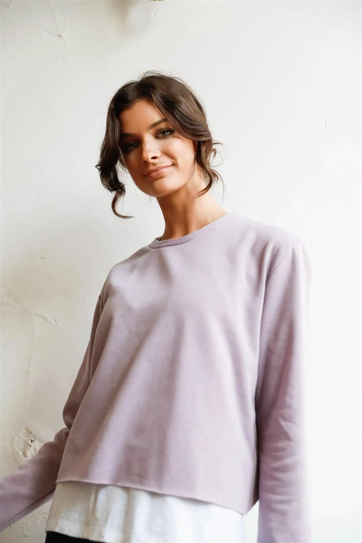 Lilac Grey Long Sleeve Raw Hem Sweatshirt /1-2-2-1 - Tasha Apparel Wholesale