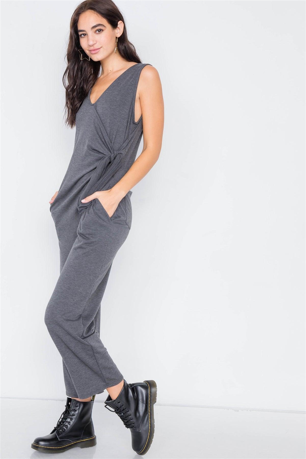 Charcoal Marled Knit Mock Wrap Ankle Length Jumpsuit