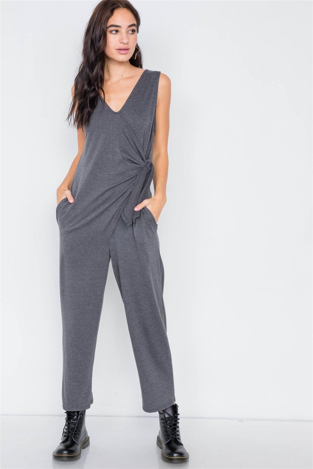 Charcoal Marled Knit Mock Wrap Ankle Length Jumpsuit