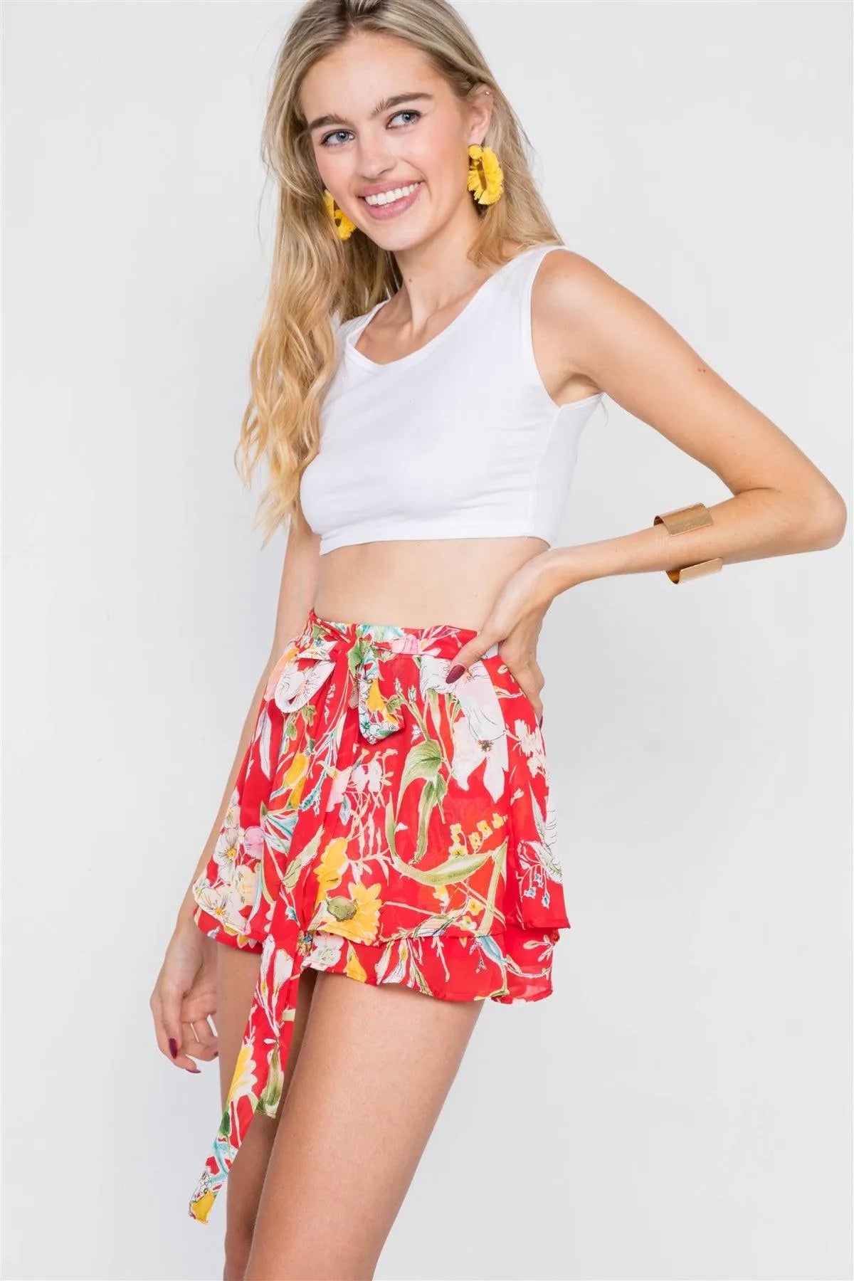 Red Mock Wrap Layered Flounce Hem Sheer Boho Shorts /1-2-2 - Tasha Apparel Wholesale