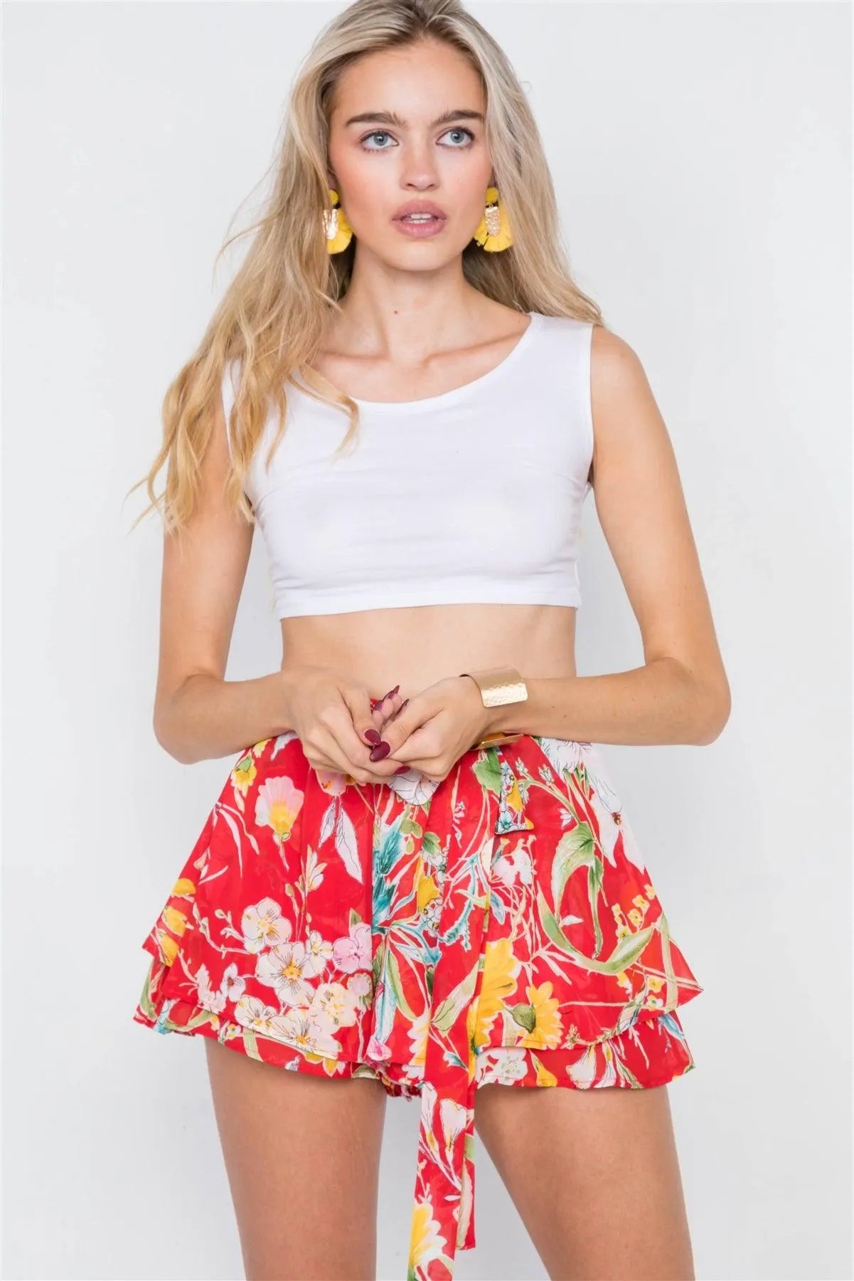 Red Mock Wrap Layered Flounce Hem Sheer Boho Shorts /2-2-2 - Tasha Apparel Wholesale
