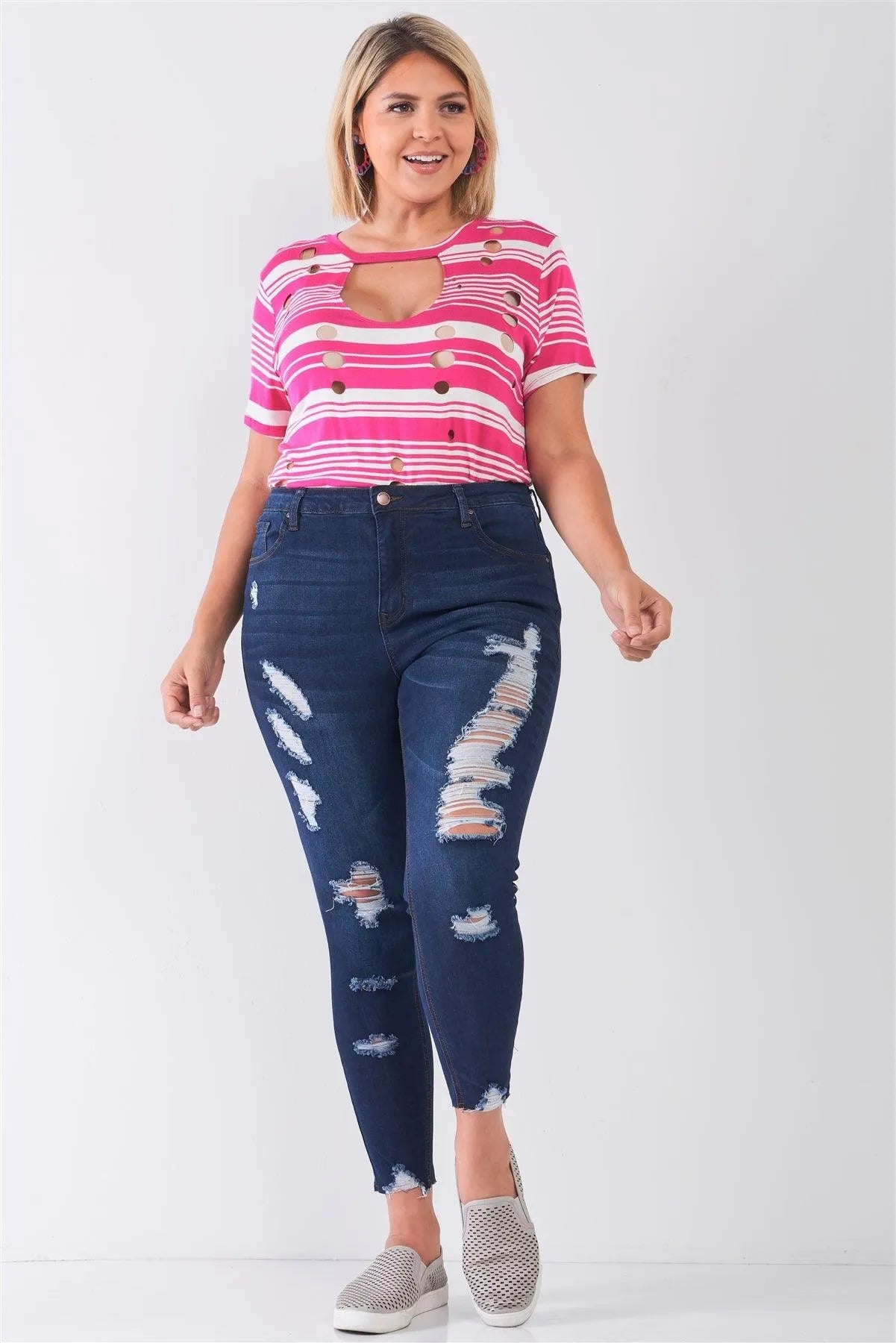 Junior Plus Size Dark Blue Denim Mid-Rise Raw Hem Detail Ripped Skinny Jean Pants - Tasha Apparel Wholesale