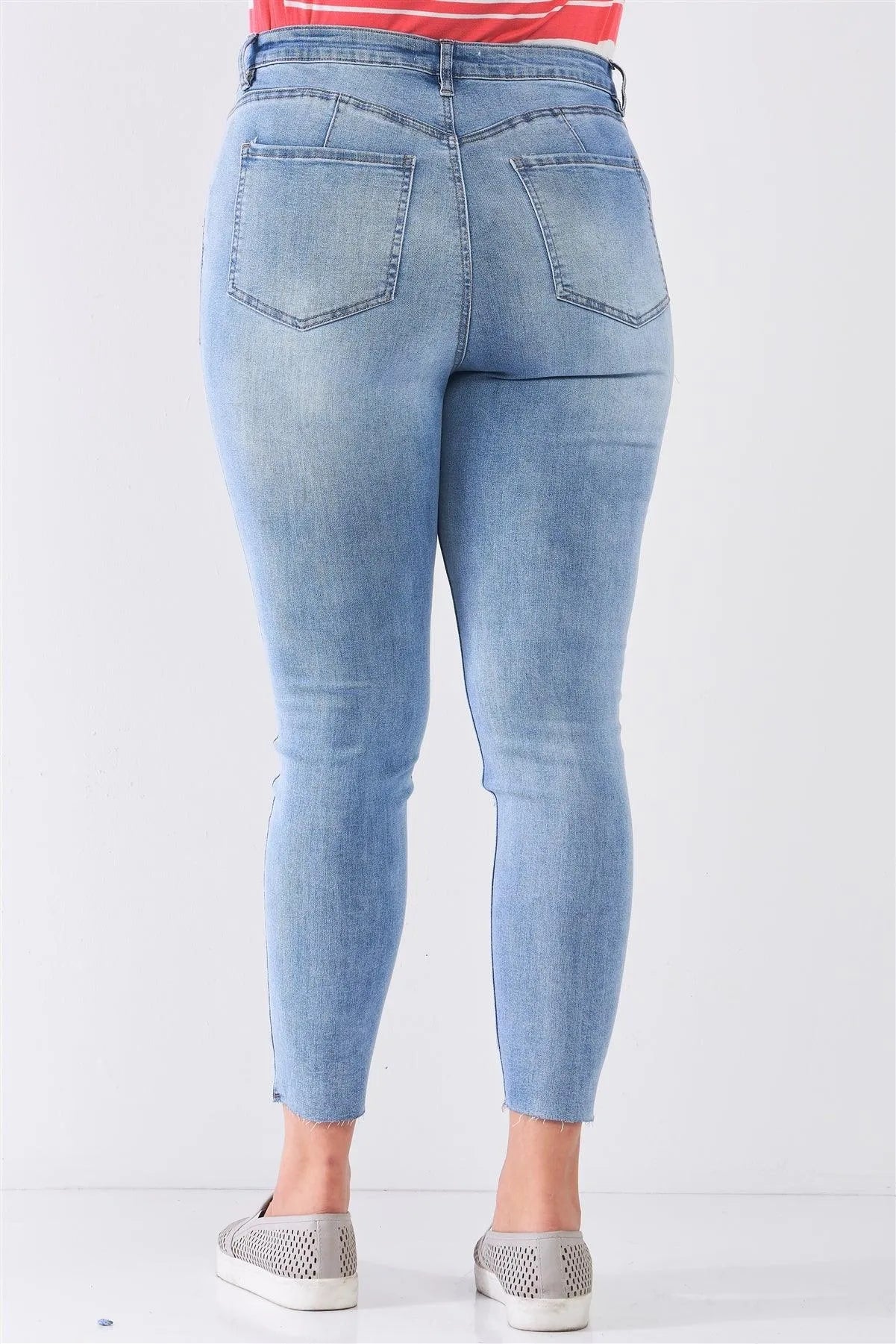 Junior Plus Size Light Blue Denim Mid-Rise Raw Hem Detail Distressed Trim Skinny Jeans /1-2-2-1 - Tasha Apparel Wholesale