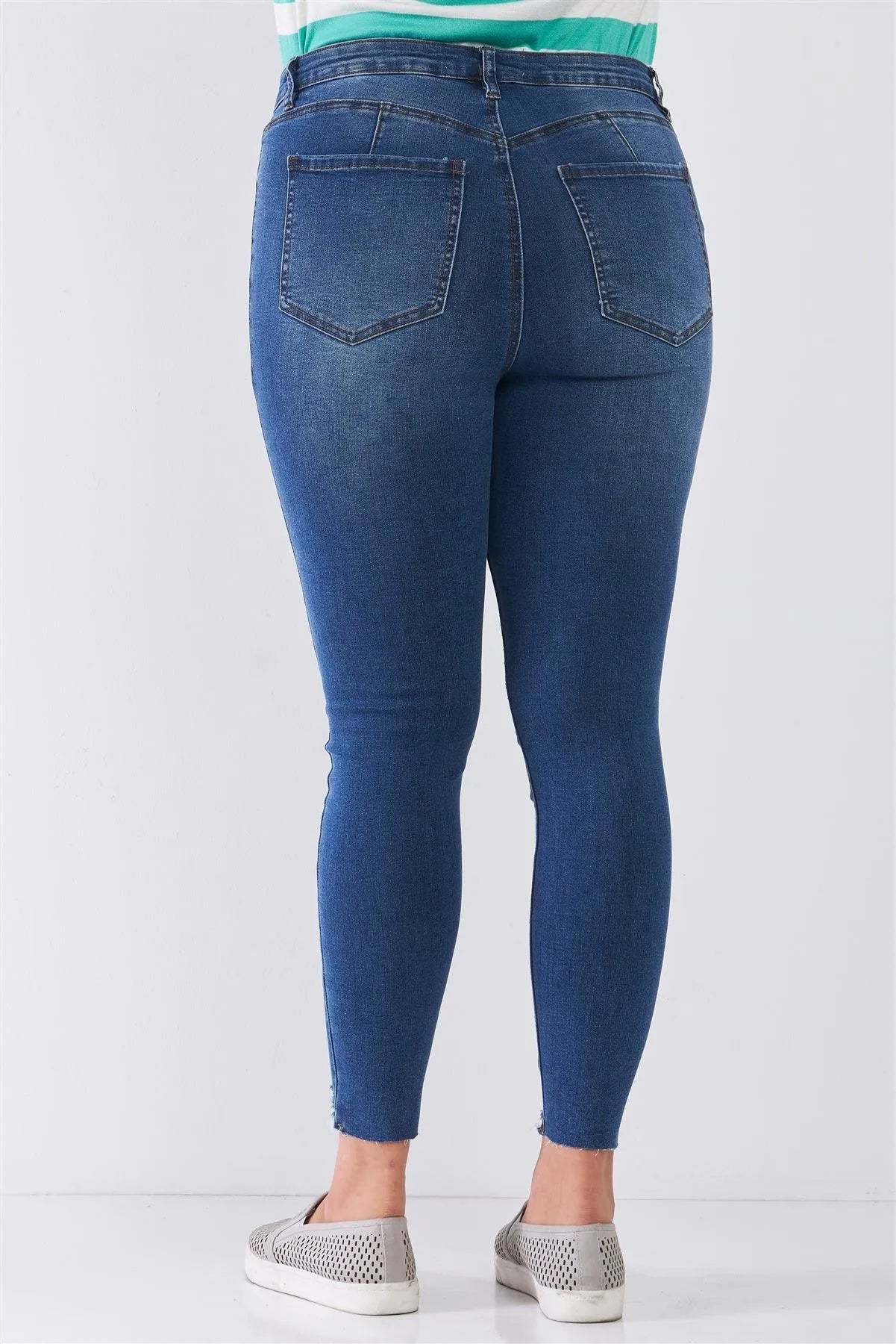 Junior Plus Size Medium Blue Denim Mid-Rise Raw Hem Detail Ripped Skinny Jeans - Tasha Apparel Wholesale