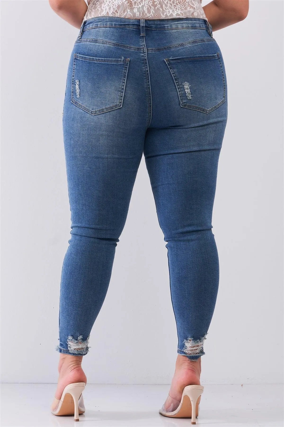 Junior Plus Medium Denim High-Waisted Destroyed Skinny Jeans /1-2-2-1 - Tasha Apparel Wholesale