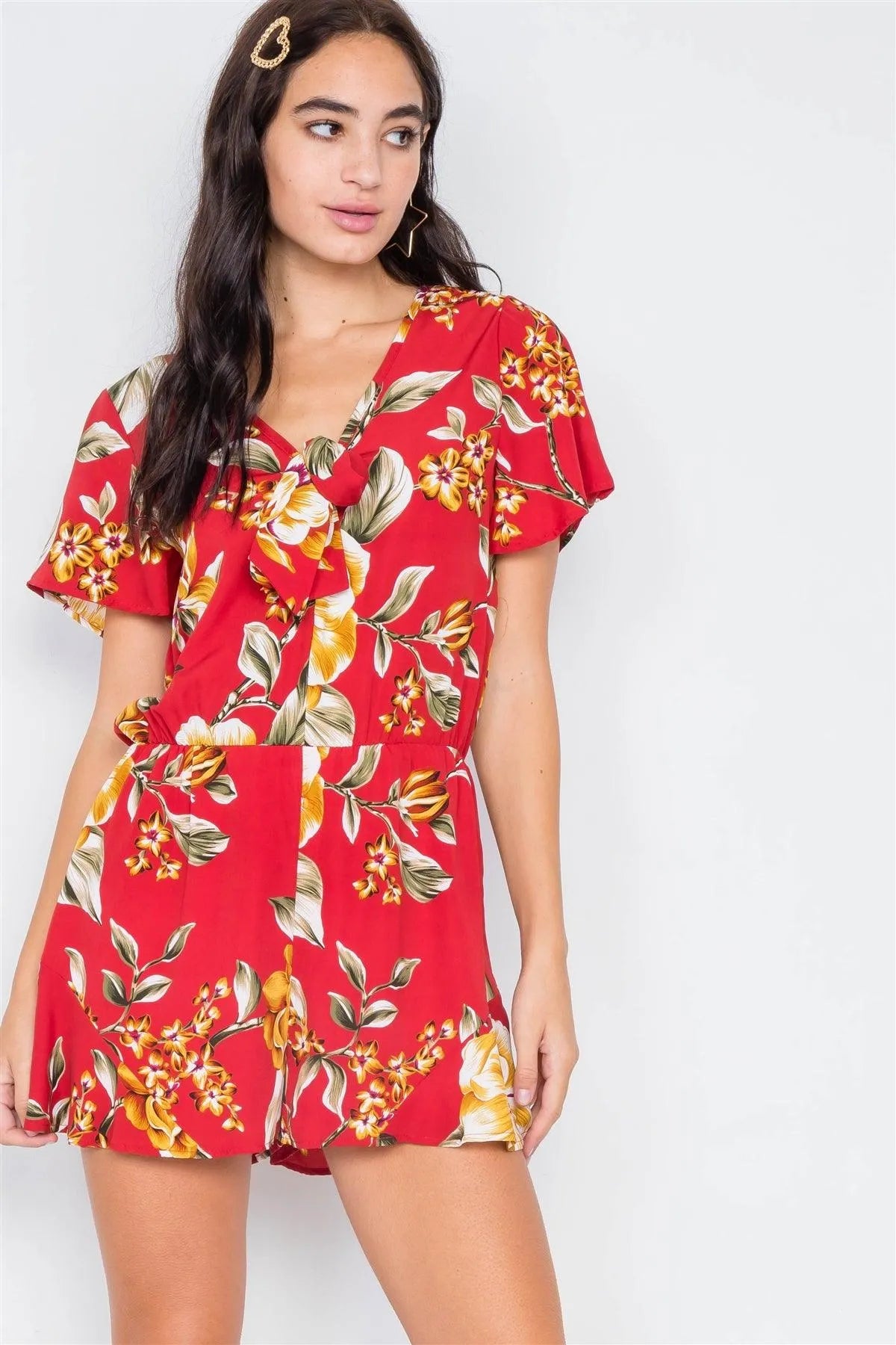 Deep Red Floral Boho Flounce Sleeves Mini Shorts Romper - Tasha Apparel Wholesale