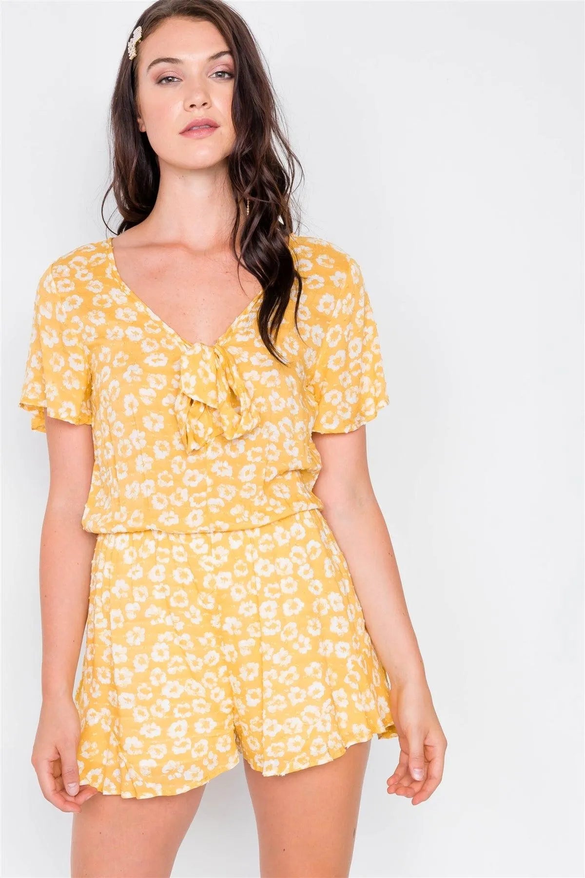 Yellow Front Tie Floral Printed Romper / 2-2-2 - Tasha Apparel Wholesale