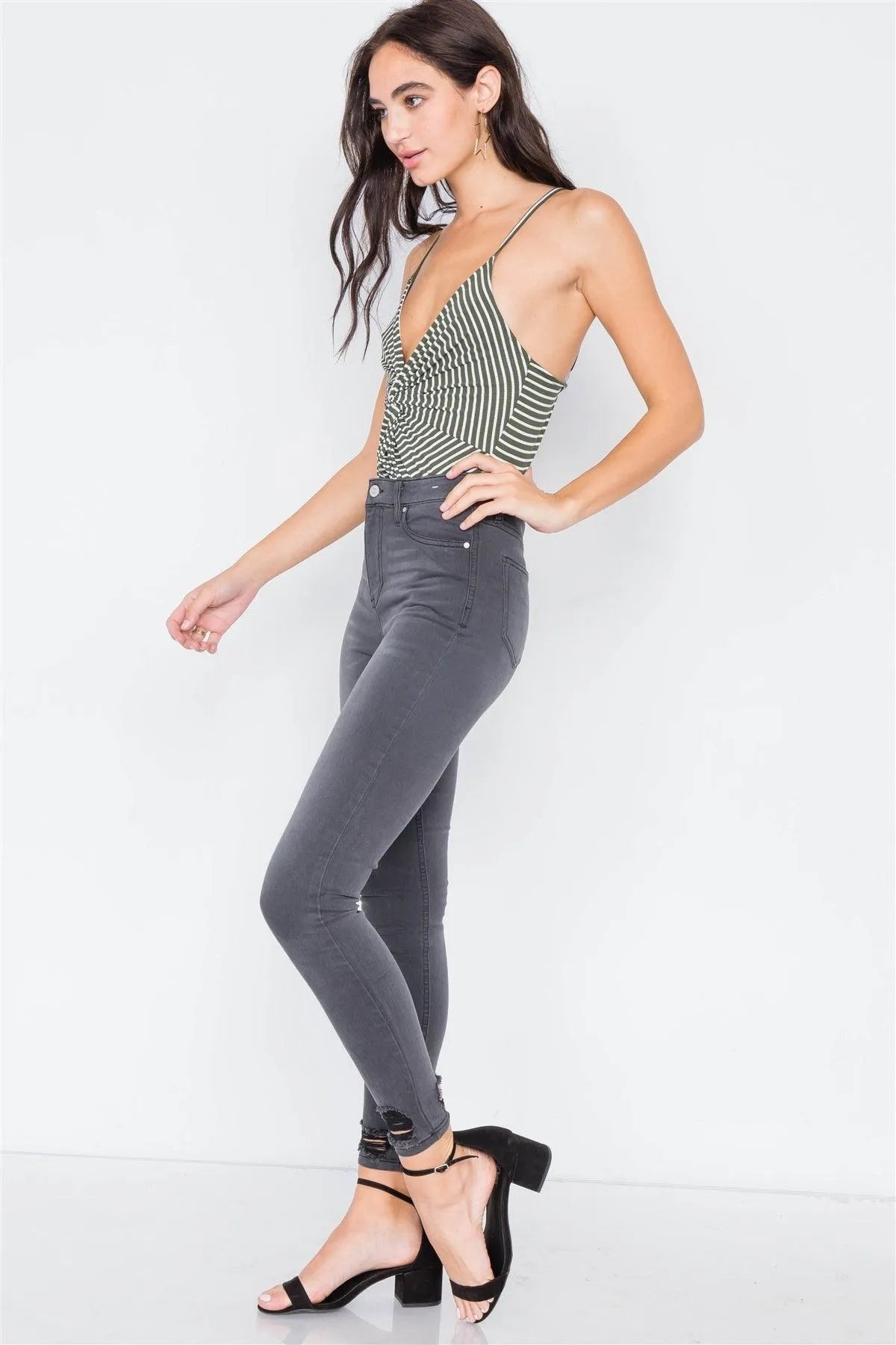 Olive & Off White Stripe Front Roll Bodysuit /2-2-2 - Tasha Apparel Wholesale