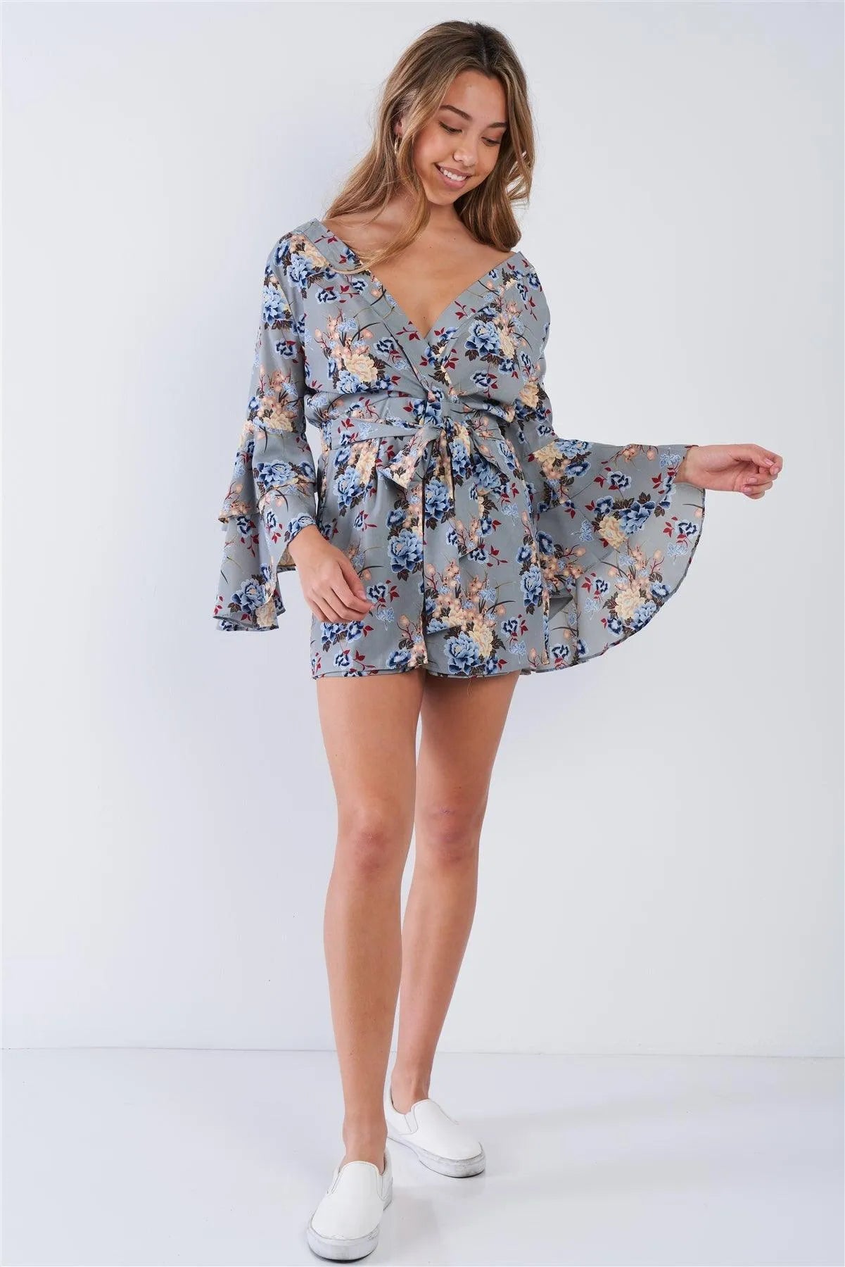 Light Grey Floral Surplice Bell Sleeve Romper /2-2-2 - Tasha Apparel Wholesale