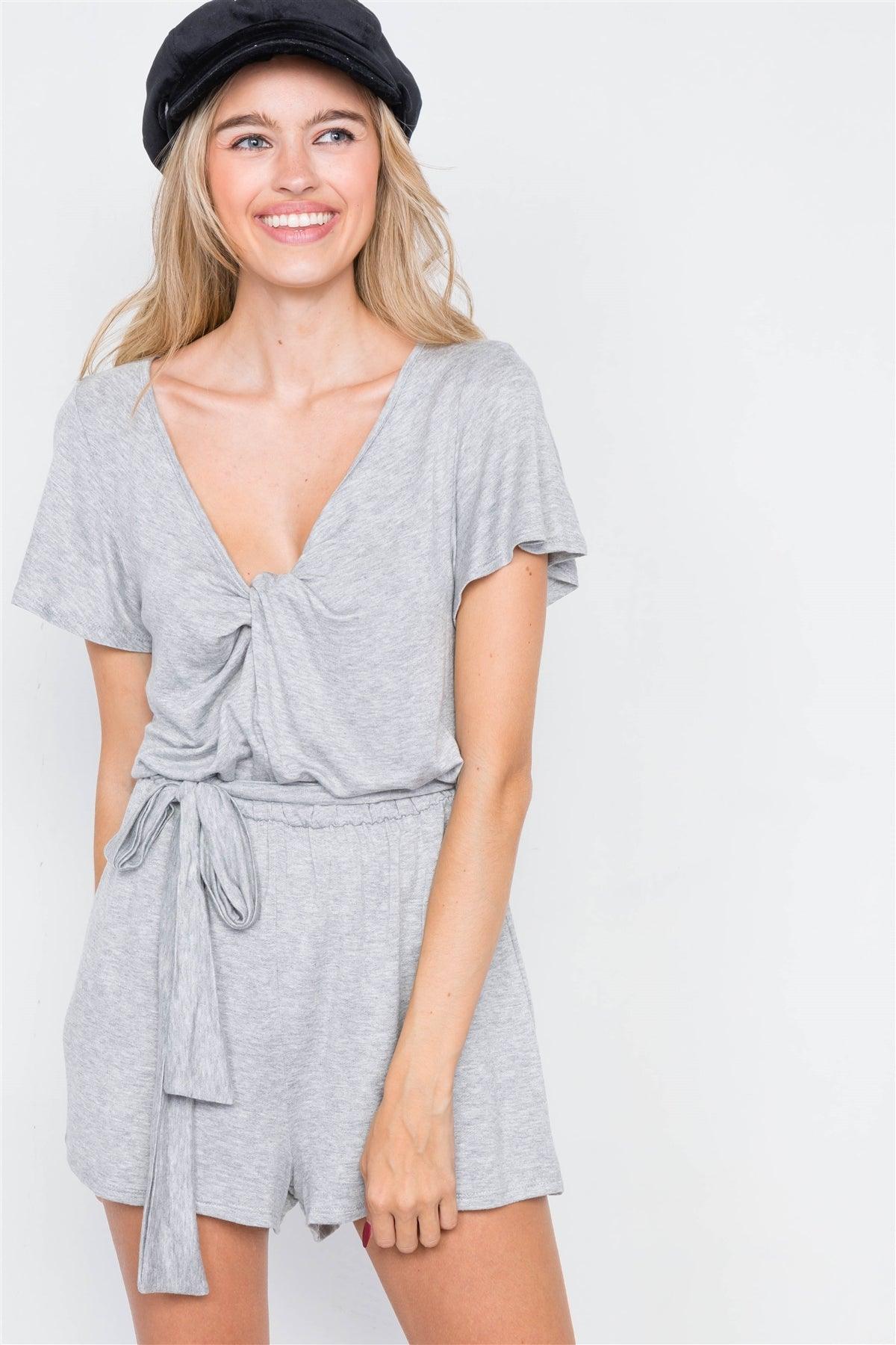 Heather Grey V-Neck Front Roll Knot Jersey Romper