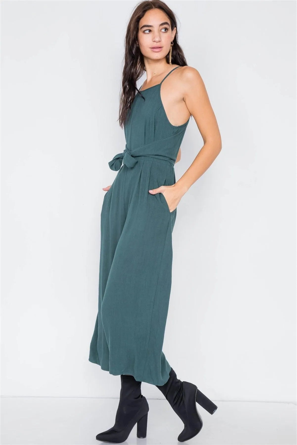 Heather Green Mock Wrap Pleated Gaucho Jumpsuit /2-2-2 - Tasha Apparel Wholesale