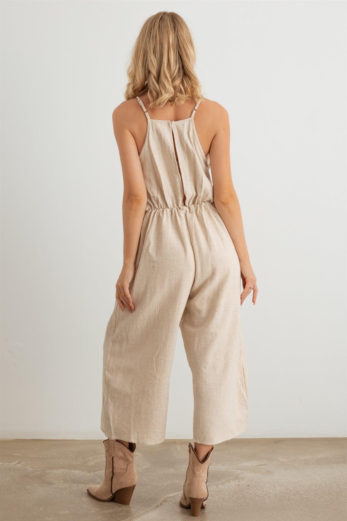 Natural Mock Wrap Pleated Gaucho Jumpsuit /3-2