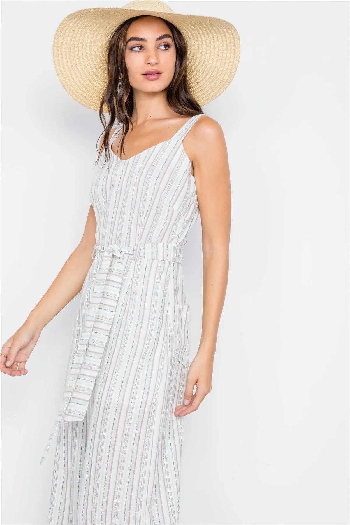 Ivory Aqua Stripe Wide Leg Boho Jumpsuit - Tasha Apparel Wholesale