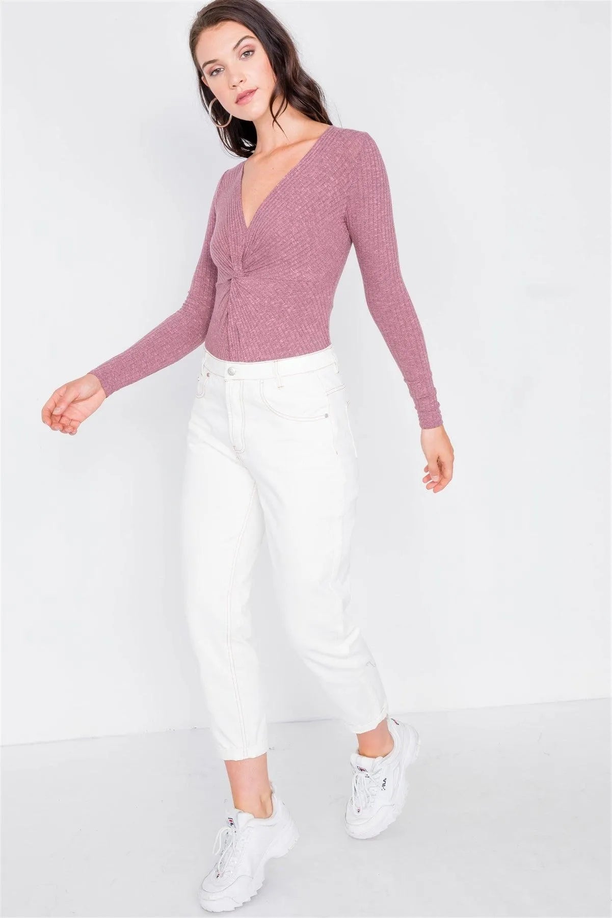 Purple Ribbed Front Knot Knit Bodysuit /2-2-2 - Tasha Apparel Wholesale