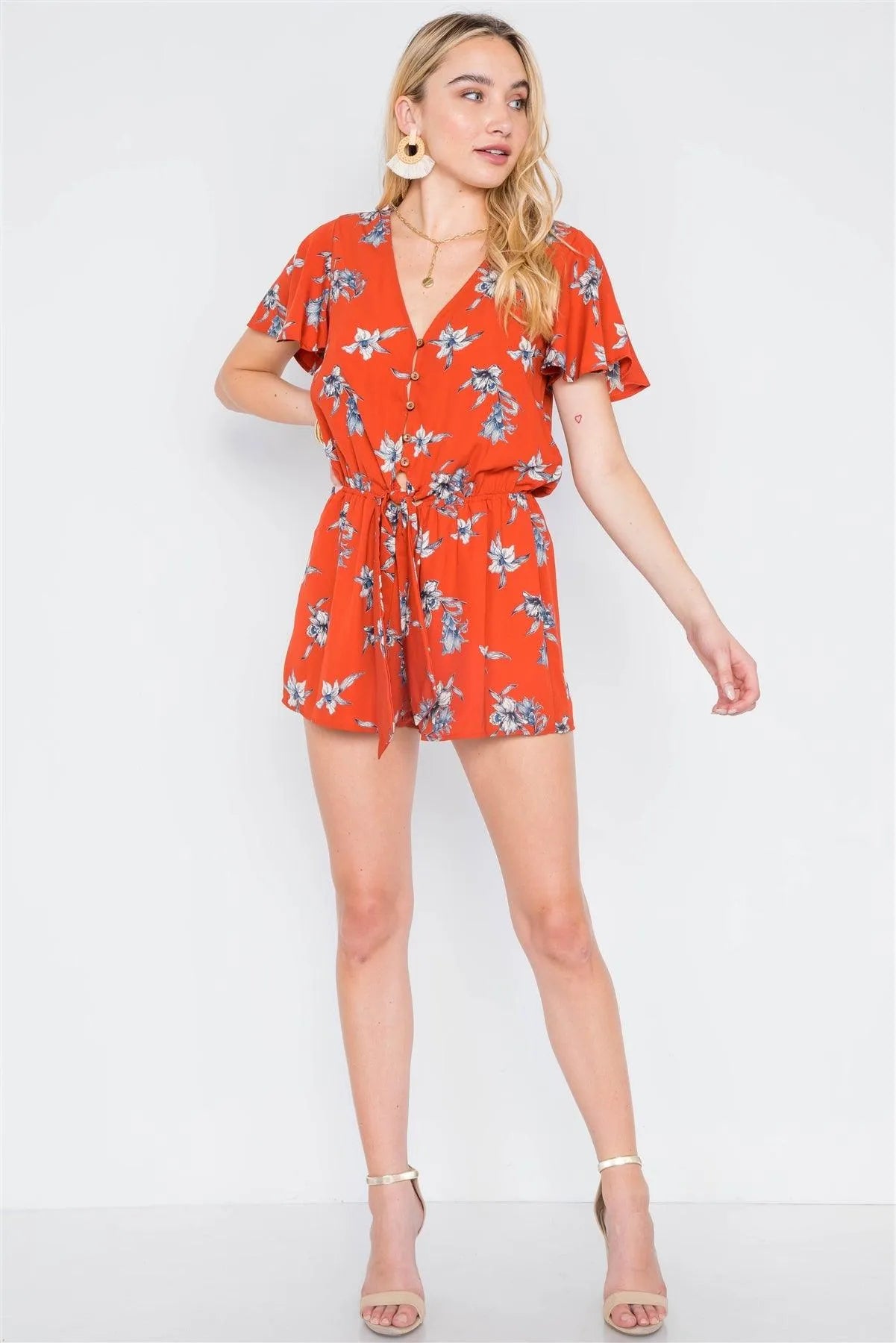 Rust Floral Button-Front Short Sleeve Romper /2-2-2 - Tasha Apparel Wholesale