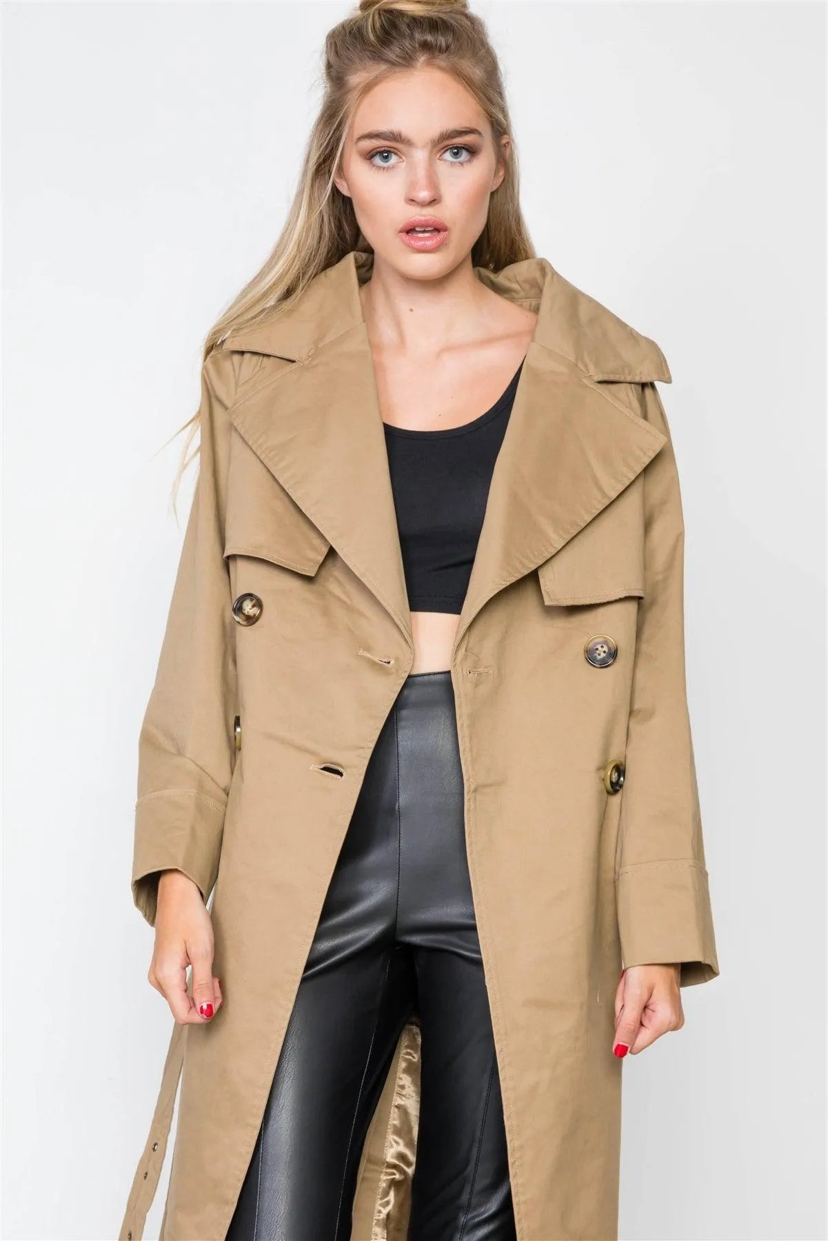 Taupe Double Breasted Oversized Trench Coat /2-2-2 - Tasha Apparel Wholesale