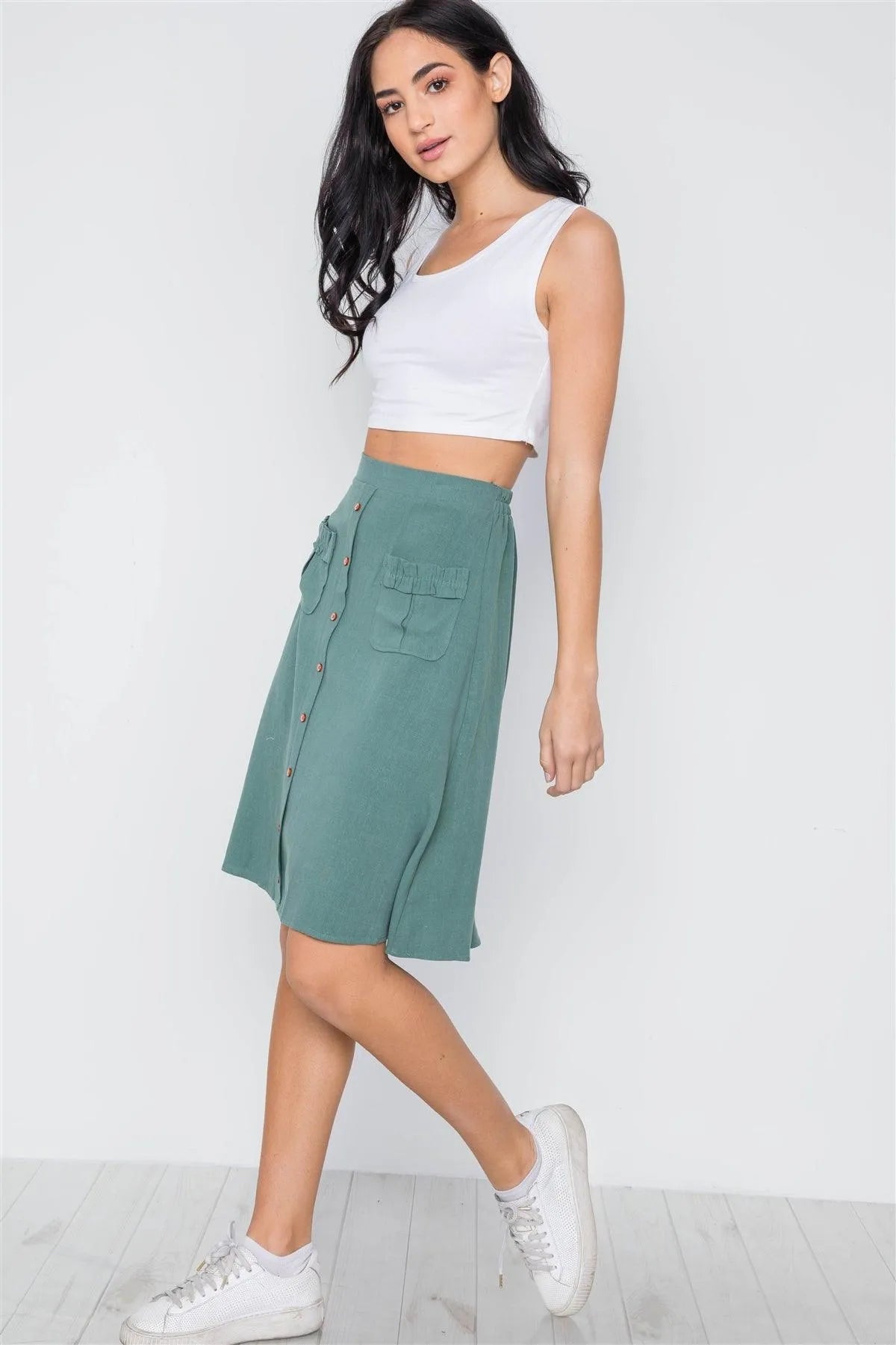so Olive High Rise Rushed Pockets Button Detail Skirt /2-2-2 - Tasha Apparel Wholesale