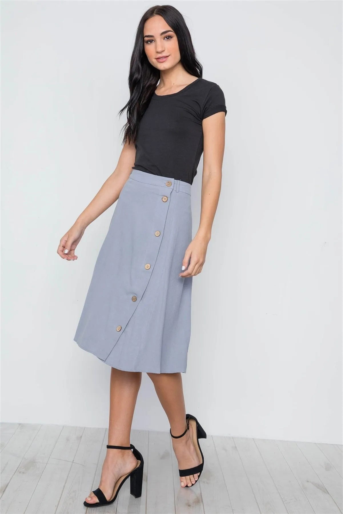 so Blue Solid Side Buttons Midi Skirt /2-2-2 - Tasha Apparel Wholesale