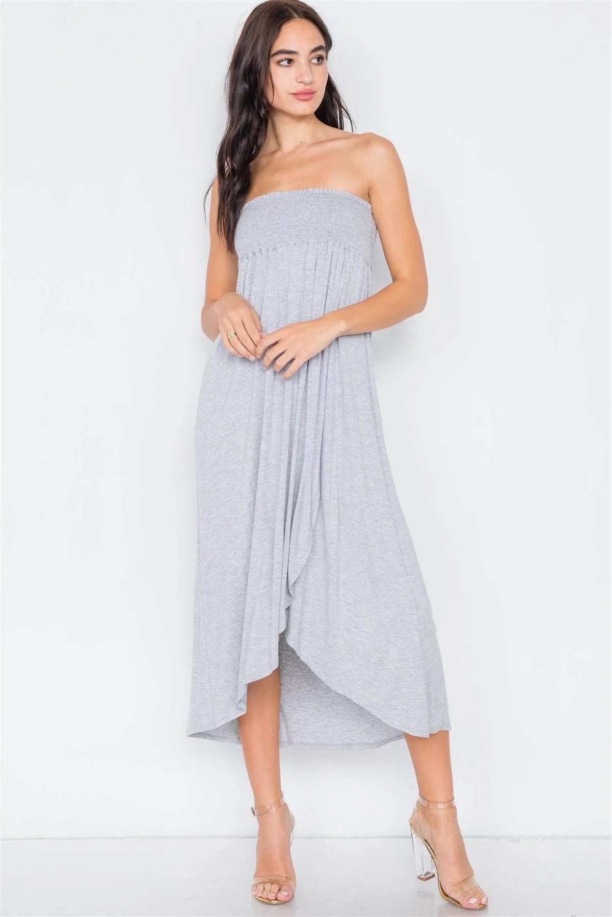 Heather Grey Off-The-Shoulder Ruched Tube Top Midi Dress /2-2-2 - Tasha Apparel Wholesale