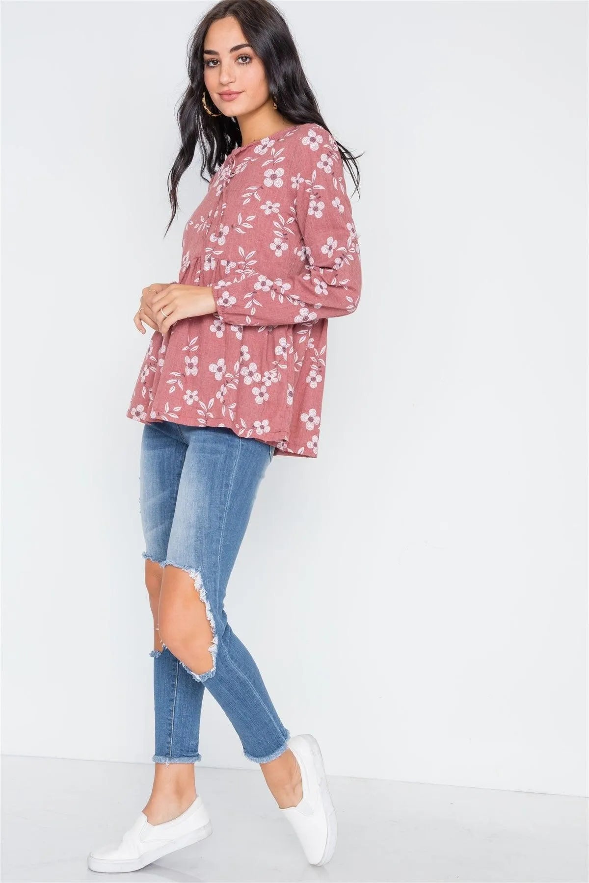 Brick Long Sleeve Floral Print Shirred Hem Top /2-2-2 - Tasha Apparel Wholesale