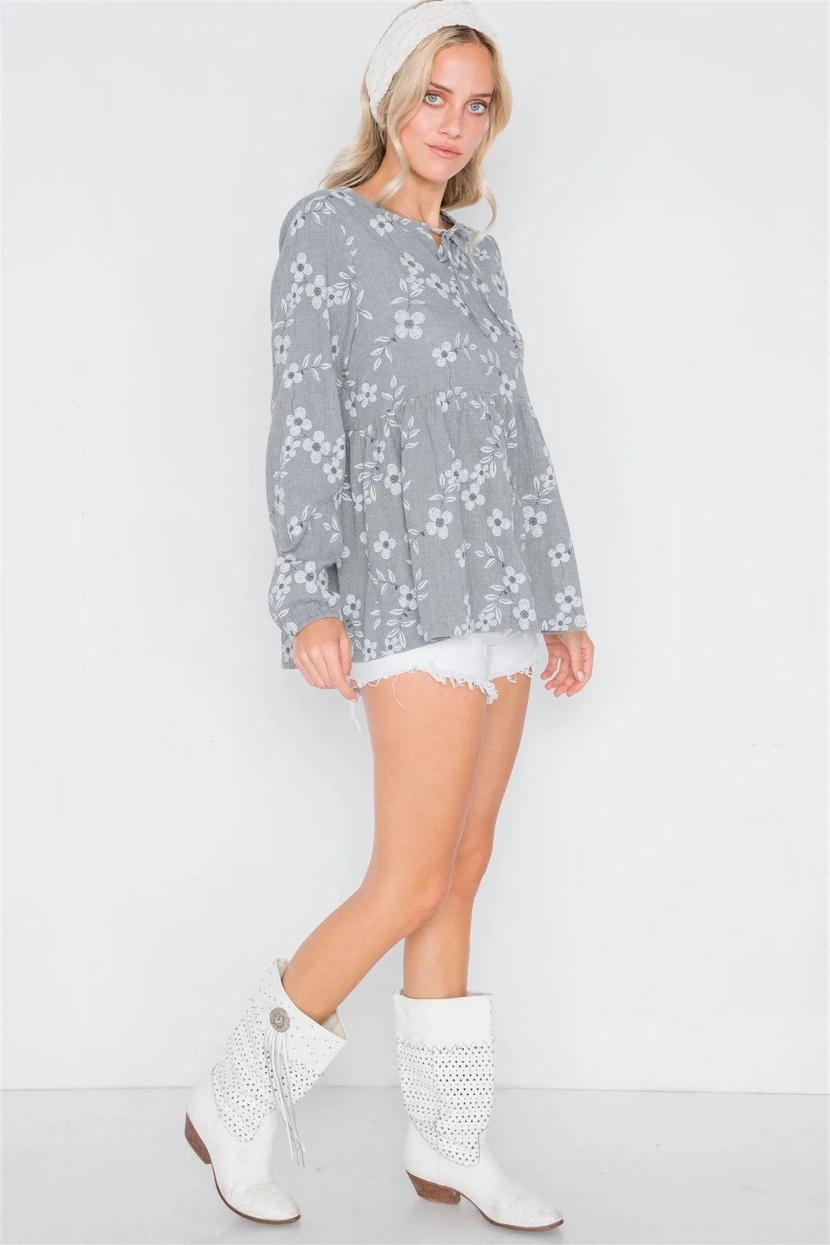 Grey Long Sleeve Floral Print Shirred Hem Top /2-2-2 - Tasha Apparel Wholesale