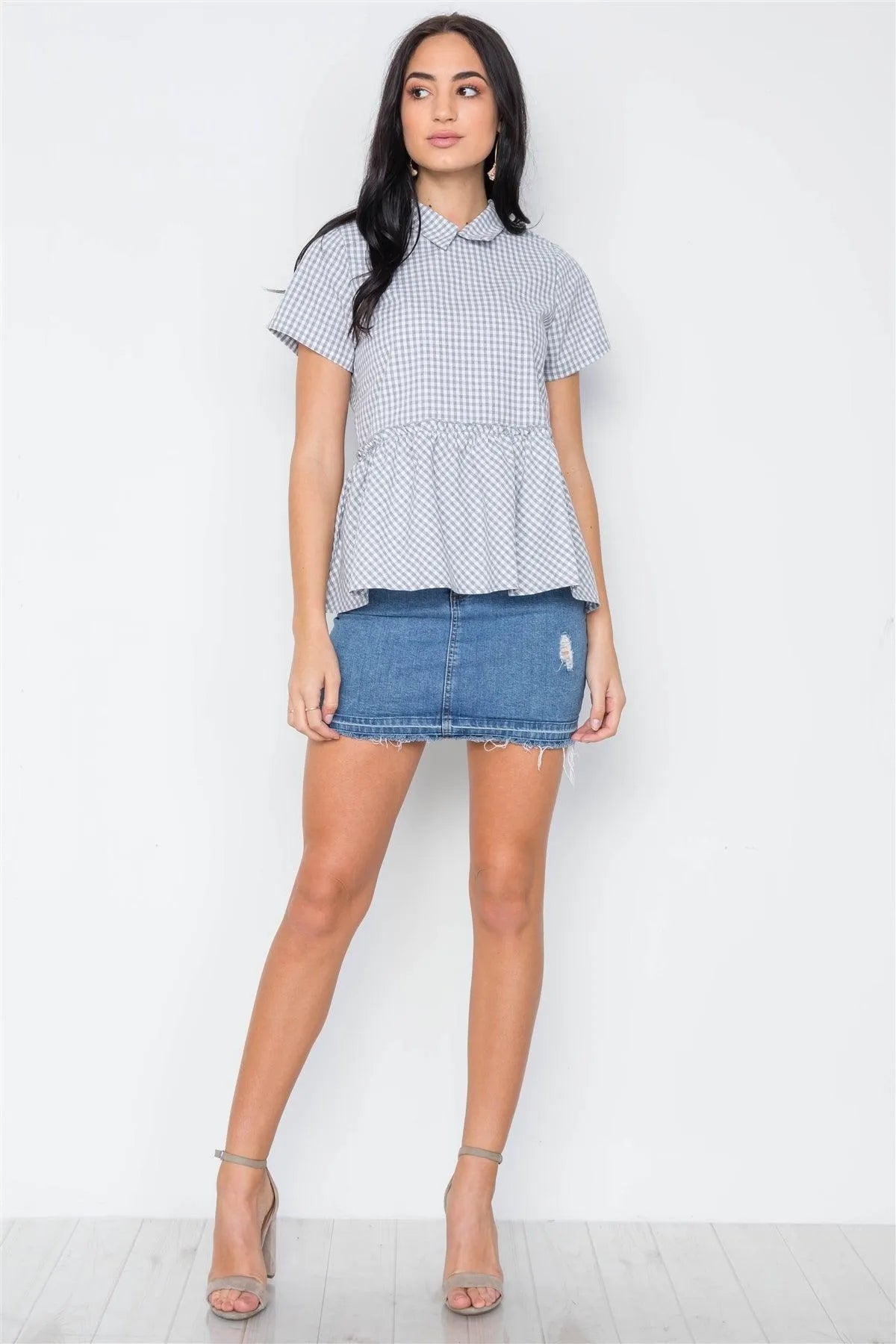 Grey Checkered Short Sleeve Shirred Hem Top / 2-2-2 - Tasha Apparel Wholesale