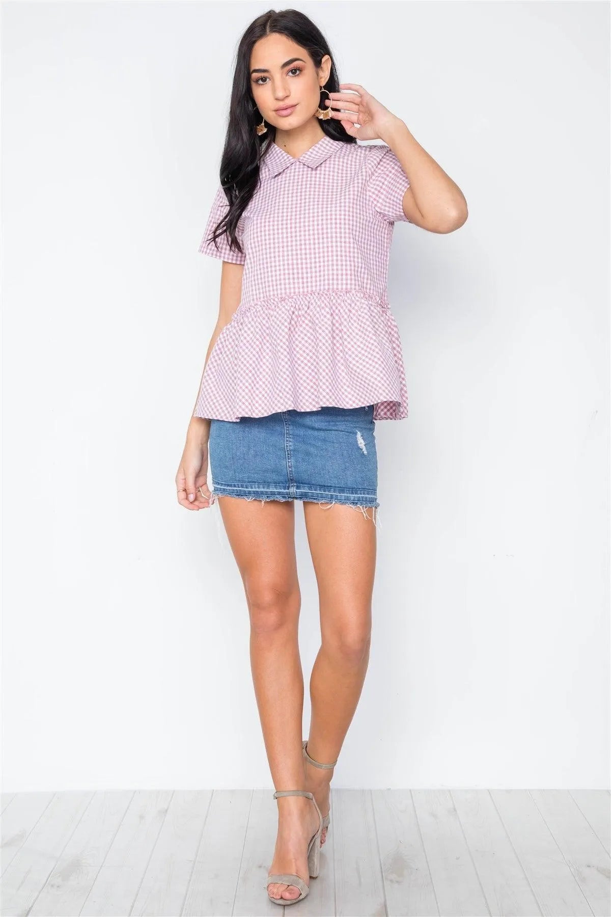 Mauve Checkered Short Sleeve Shirred Hem Top / 2-2-2 - Tasha Apparel Wholesale