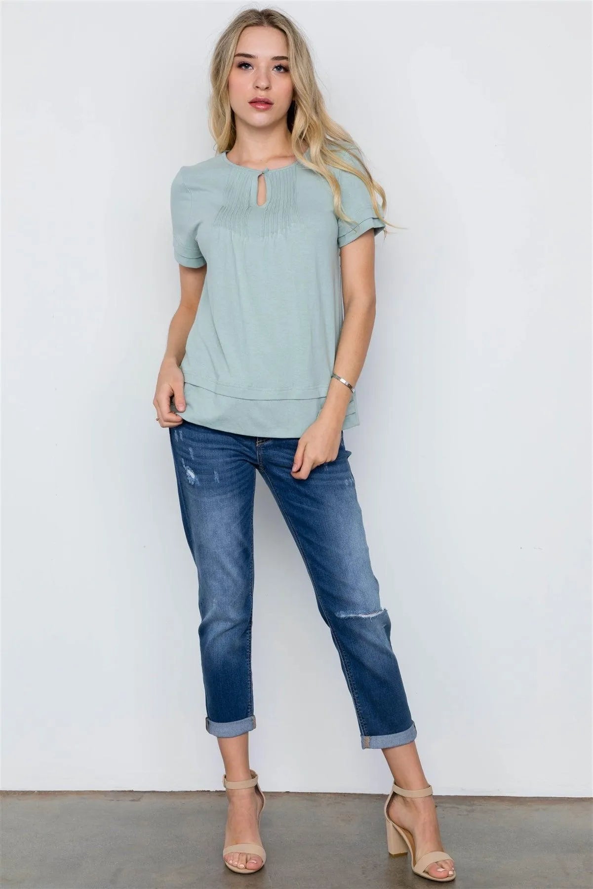 Sage Short Sleeve Pleated Cotton Boho Top / 2-2-2 - Tasha Apparel Wholesale