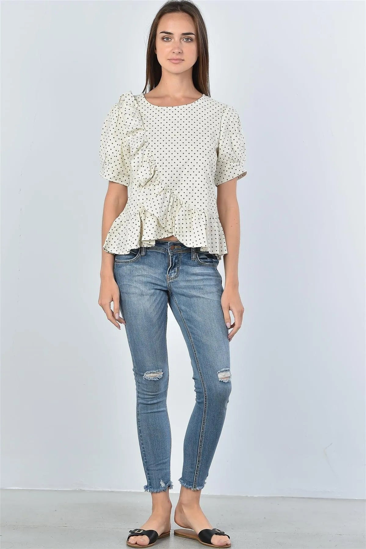 Ivory Polka Dots Ruffle Front Top /3-2-1 - Tasha Apparel Wholesale