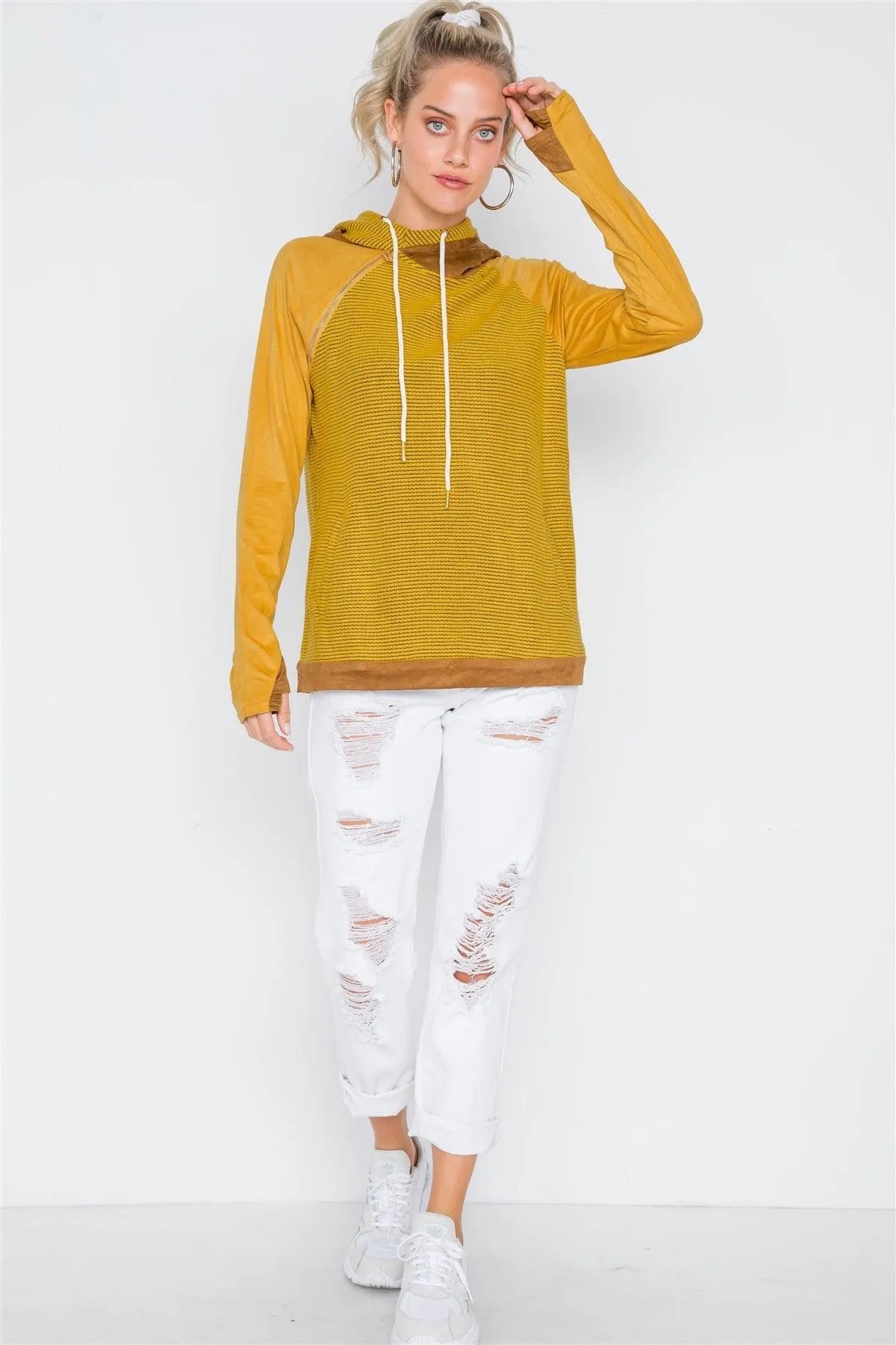 Mustard Combo Faux Suede Long Sleeve Hoodie /2-2-2 - Tasha Apparel Wholesale