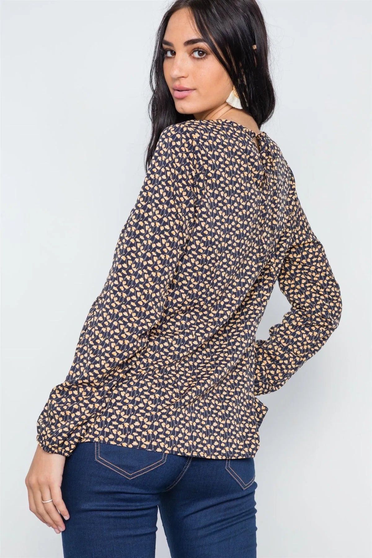 Navy Floral Print Long Sleeve Round Neck Boho Top /1-2-2 - Tasha Apparel Wholesale