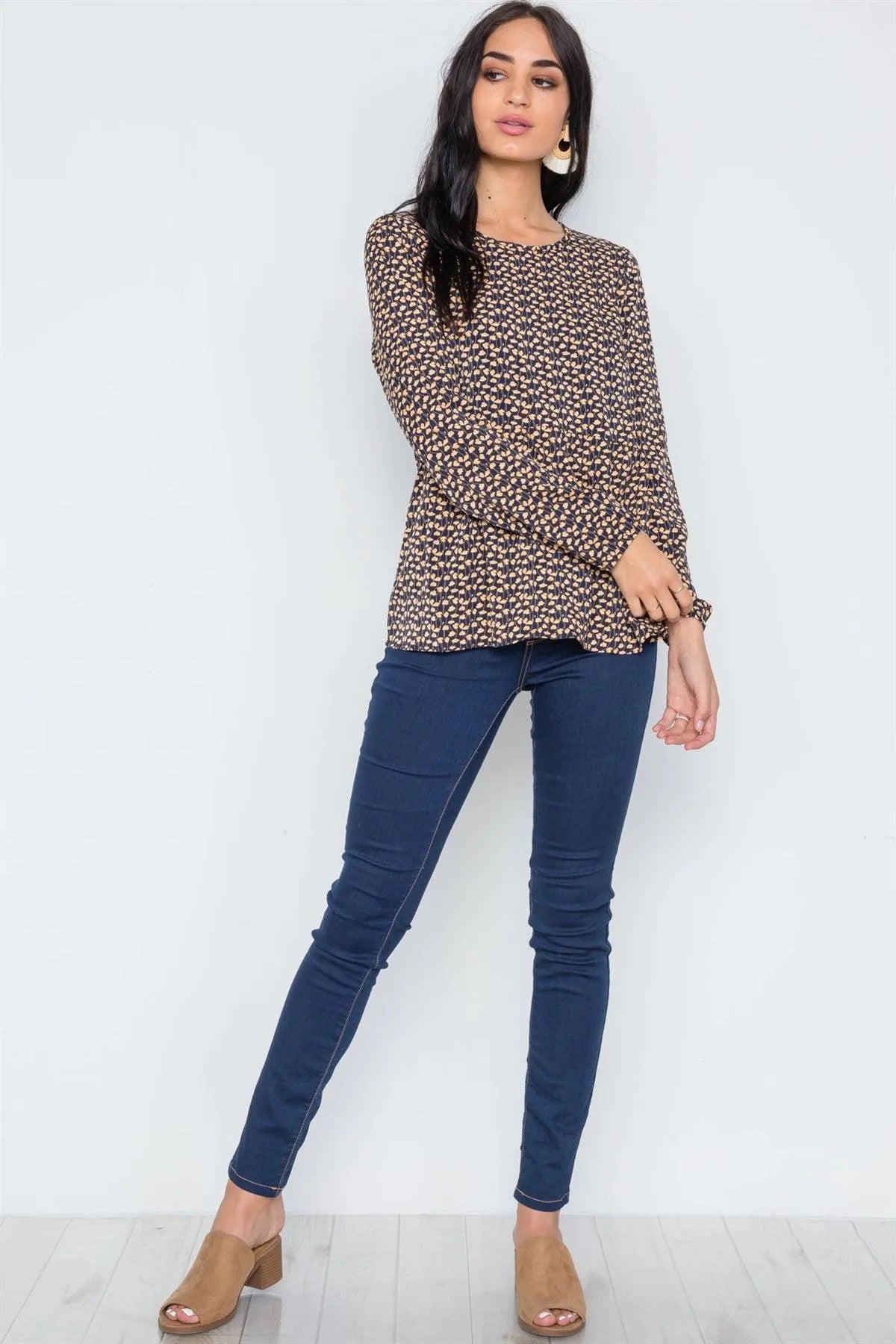 Navy Floral Print Long Sleeve Round Neck Boho Top /2-2-2 - Tasha Apparel Wholesale