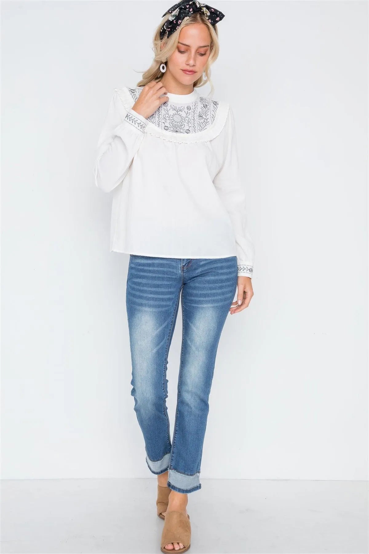 Cream Floral Embroidery Long Sleeve Boho Top /2-2-2 - Tasha Apparel Wholesale