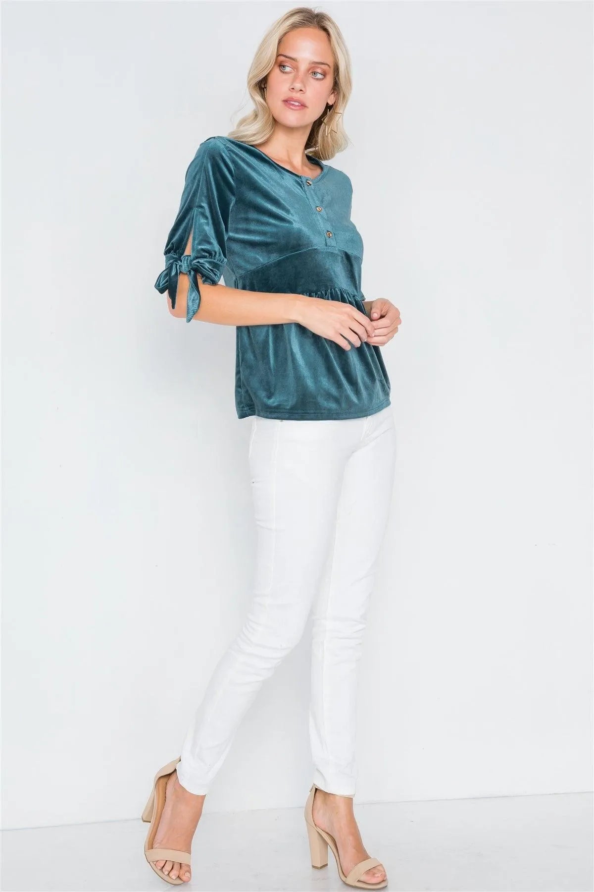 Teal Velvet 3/4 Sleeve Shirred Top /2-2-2 - Tasha Apparel Wholesale