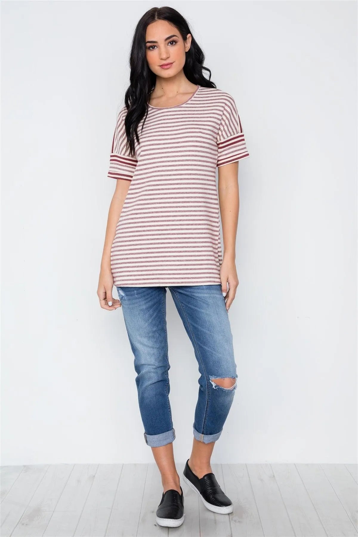 Burgundy Cream Stripe Short Sleeve Top /3-1-2 - Tasha Apparel Wholesale