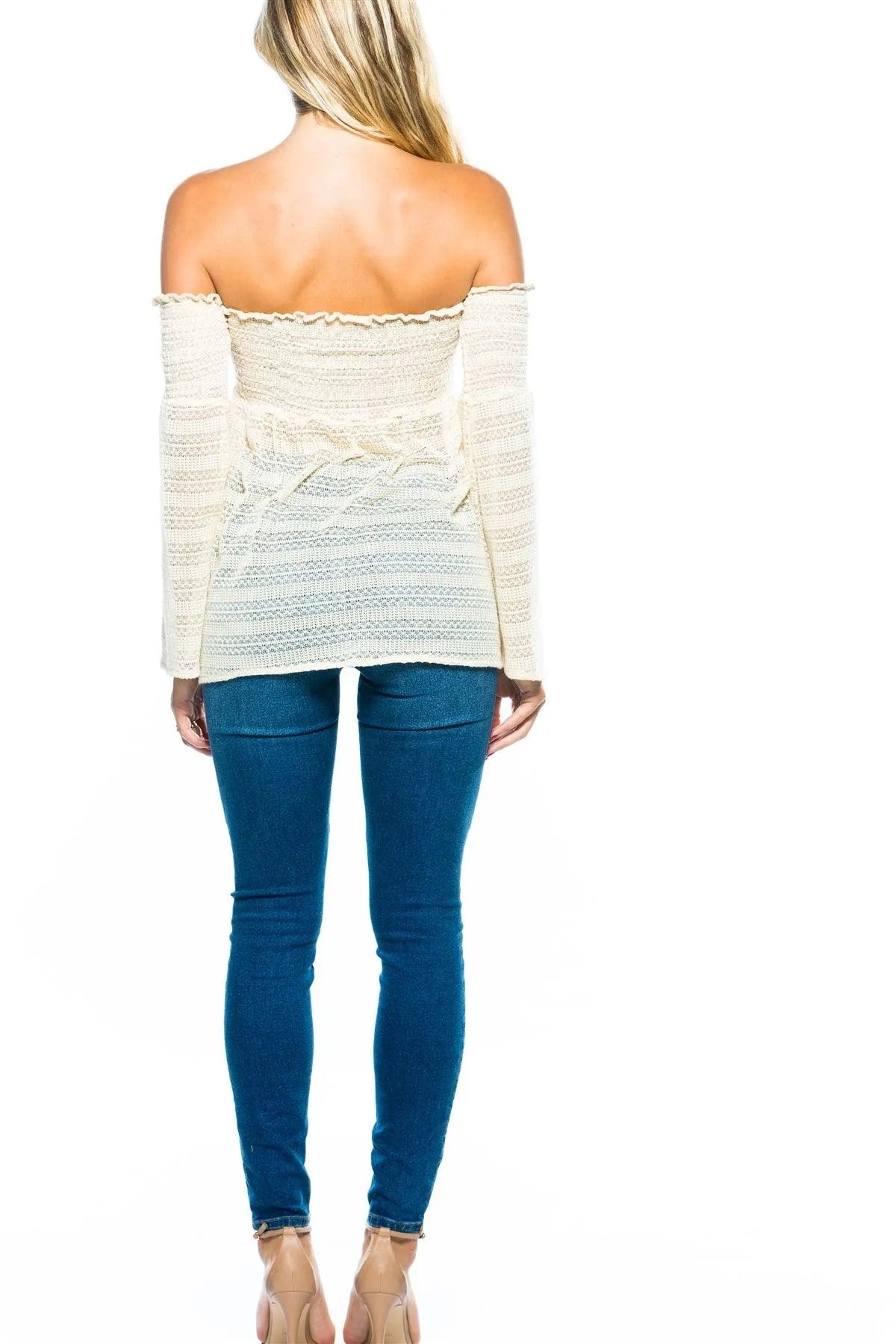 Ivory Shirred Mesh Off-the-shoulder Top /2-2-2 - Tasha Apparel Wholesale