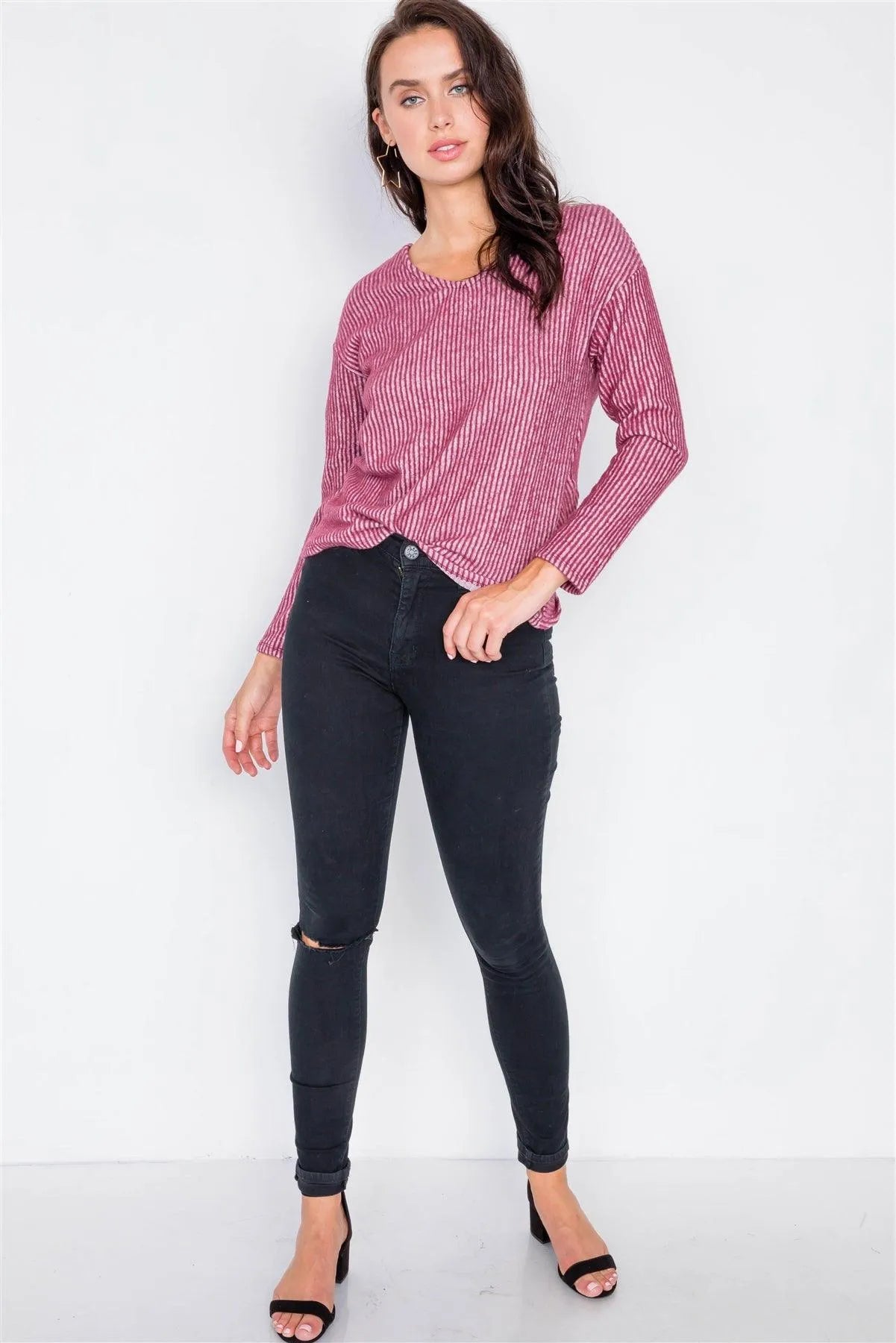 Burgundy Long Sleeve Back Tie Knot Cut-Out V-Neck Sweater /2-2-3 - Tasha Apparel Wholesale