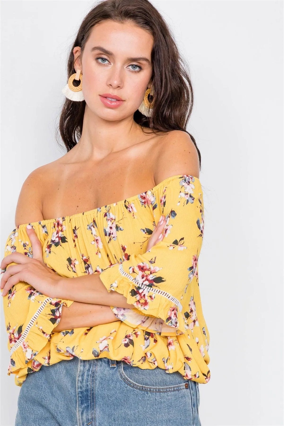 Marigold Floral Off-The-Shoulder Crop Top / 2-2 - Tasha Apparel Wholesale