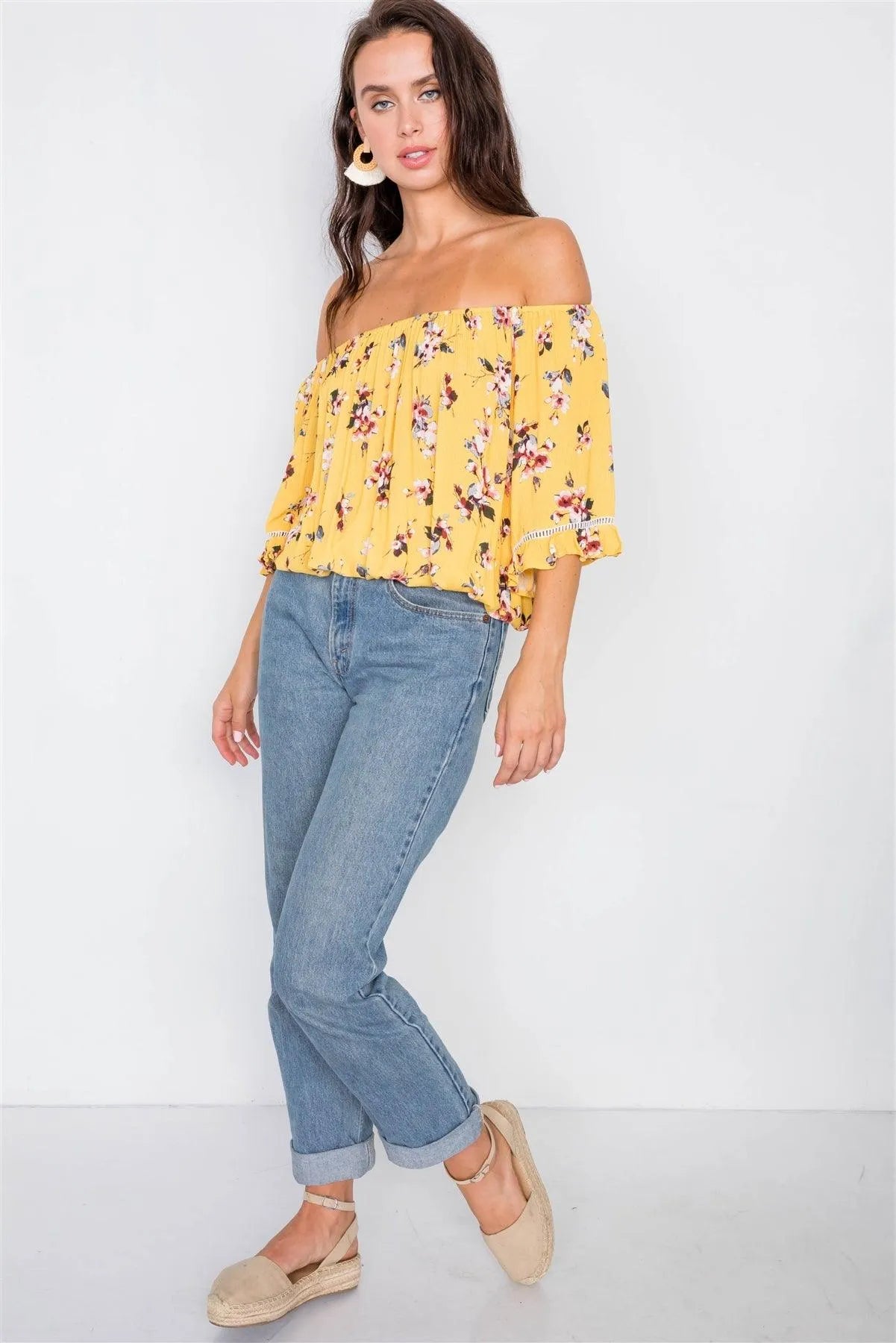 Marigold Floral Off-The-Shoulder Crop Top / 2-2-2 - Tasha Apparel Wholesale