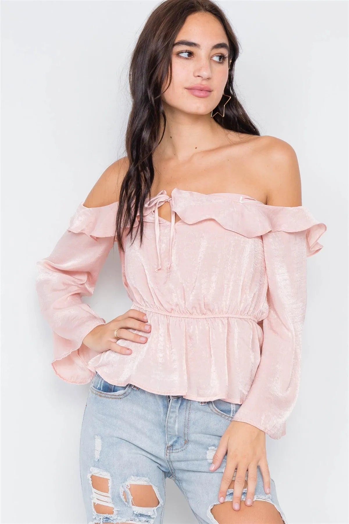 Silk Blush Off-The-Shoulder Flounce Crop Top /2-2-2 - Tasha Apparel Wholesale
