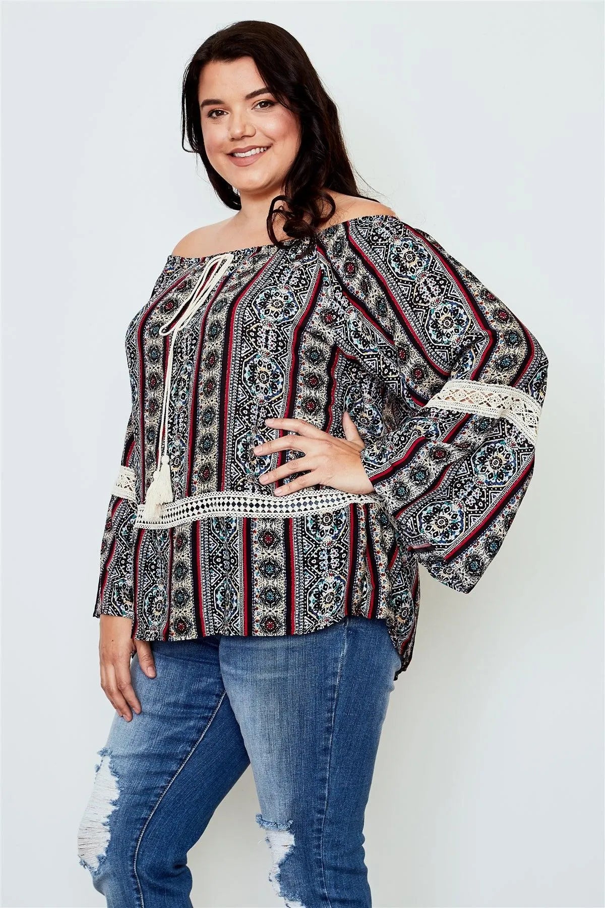 Boho Plus Size Multi Tassel Tie Off The Shoulder Top / 2-2-2 - Tasha Apparel Wholesale